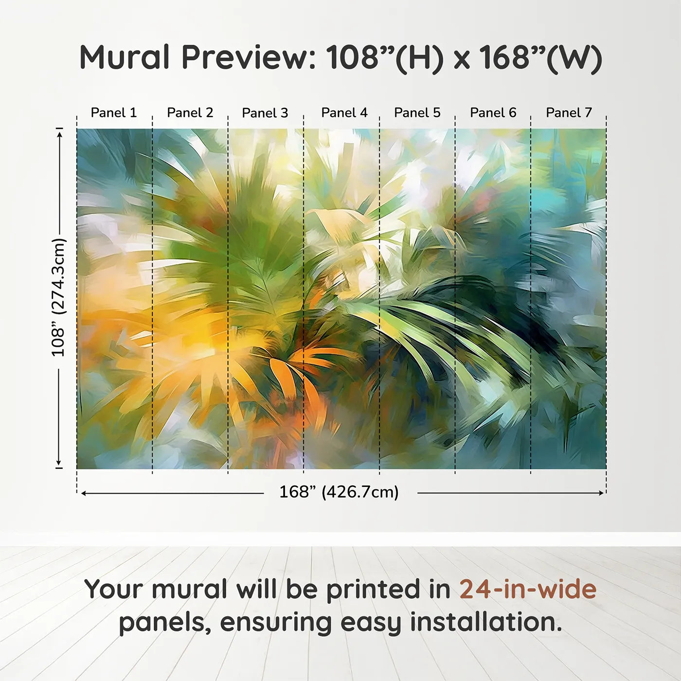 Whimsy Tots Abstract Palm Painting Wall Muraldimension view (108" H x 168" W). Printed in seven 24-inch-wide panels. Gender-Neutral