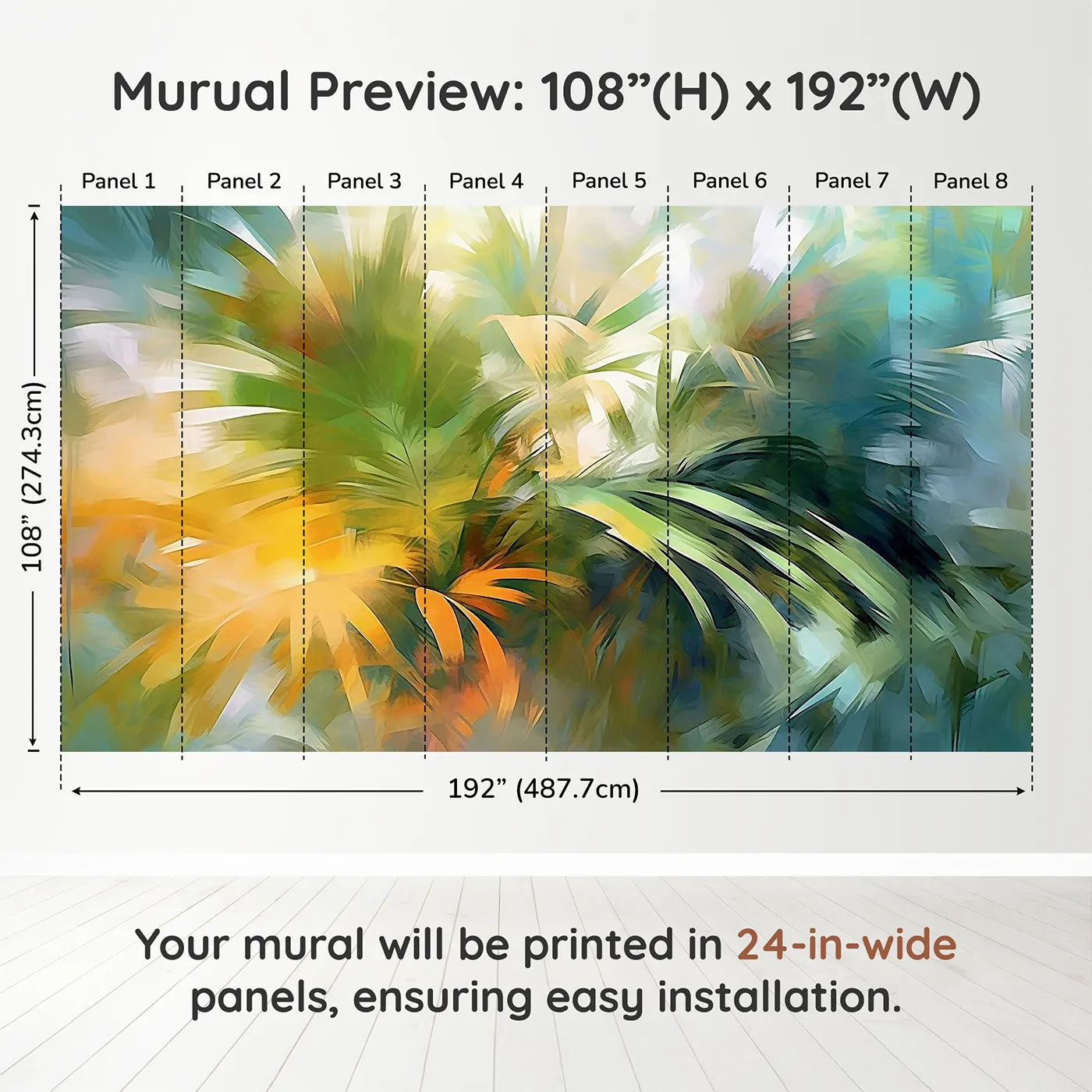 Whimsy Tots Abstract Palm Painting Wall Muraldimension view (108" H x 192" W). Printed in eight 24-inch-wide panels. Gender-Neutral