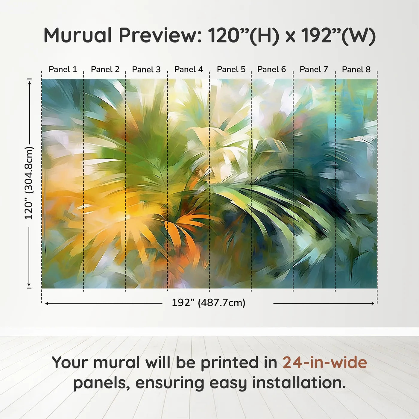 Whimsy Tots Abstract Palm Painting Wall Muraldimension view (120" H x 192" W). Printed in eight 24-inch-wide panels. Gender-Neutral