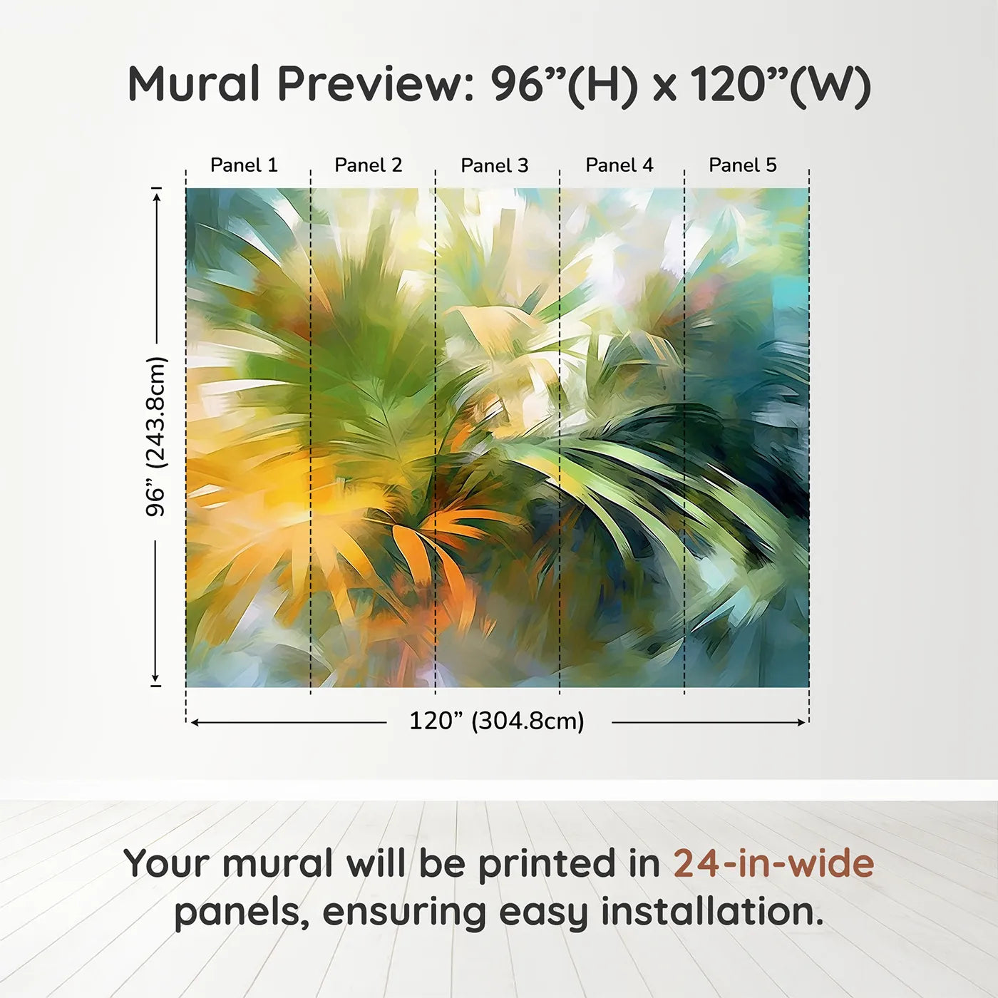 Whimsy Tots Abstract Palm Painting Wall Muraldimension view (96" H x 120" W). Printed in five 24-inch-wide panels. Gender-Neutral