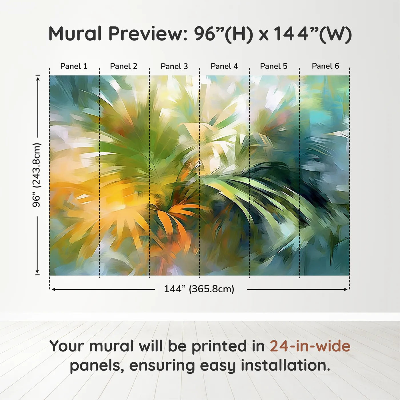 Whimsy Tots Abstract Palm Painting Wall Muraldimension view (96" H x 144" W). Printed in six 24-inch-wide panels. Gender-Neutral