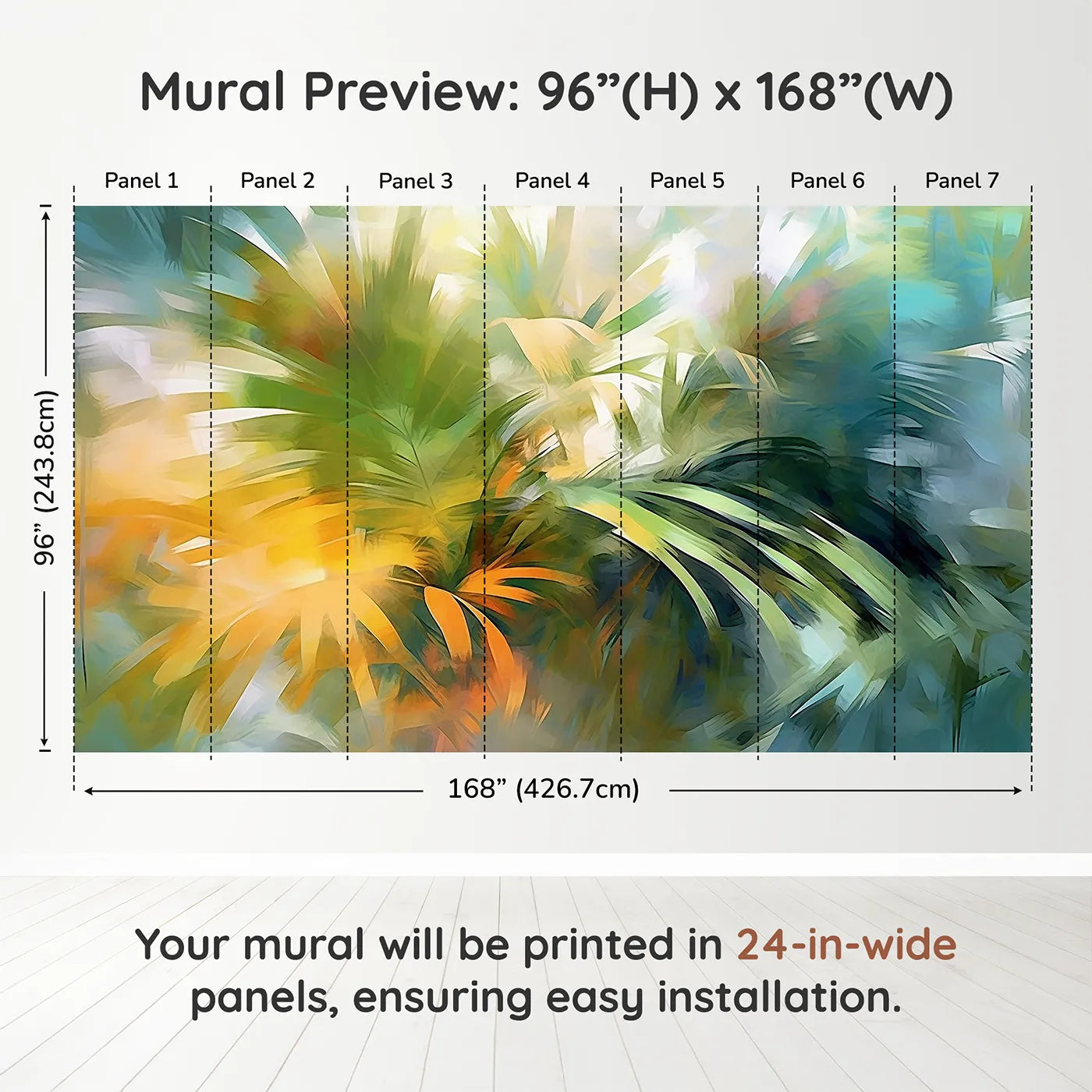Whimsy Tots Abstract Palm Painting Wall Muraldimension view (96" H x 168" W). Printed in seven 24-inch-wide panels. Gender-Neutral