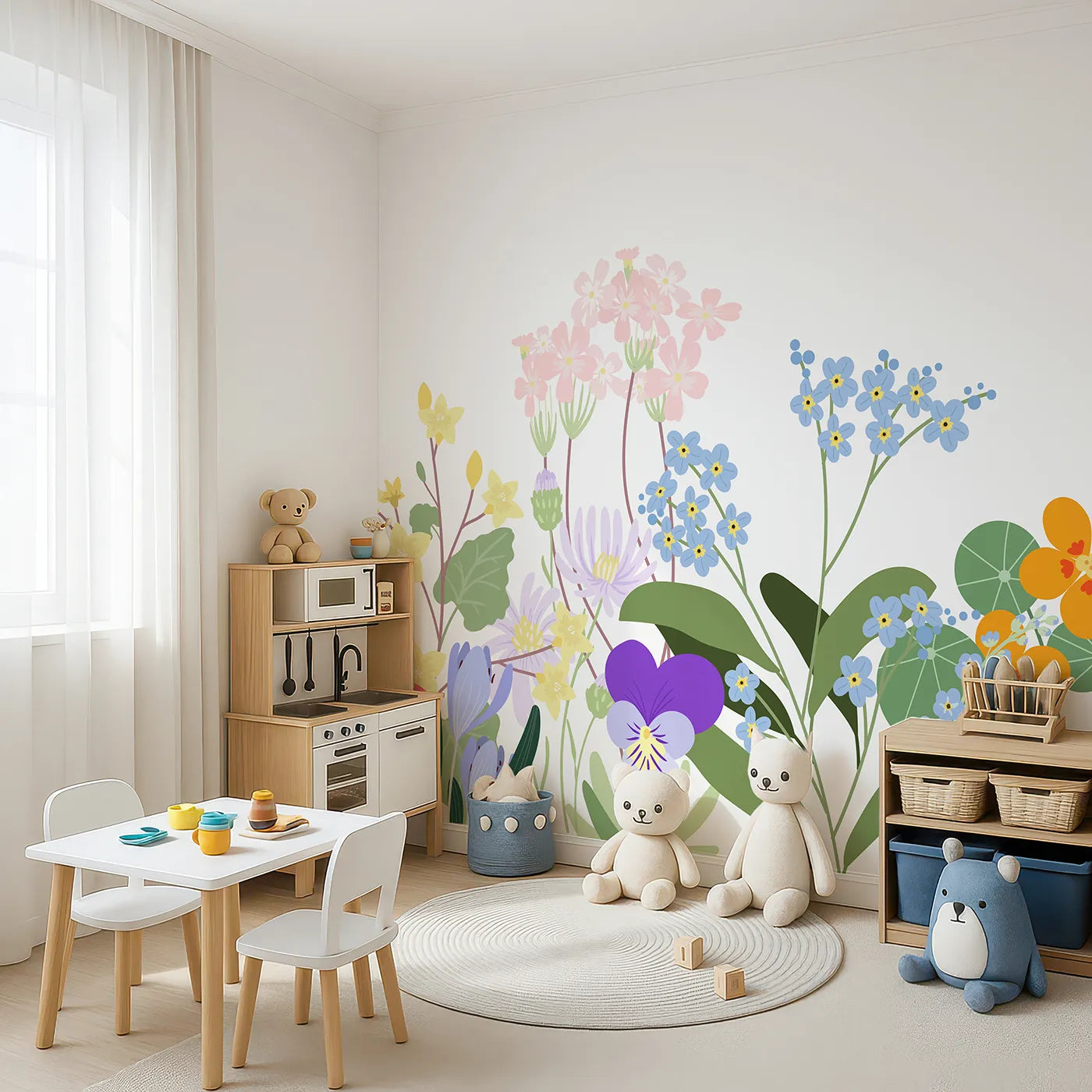 Angled view of Whimsy Tots' Simple Wildflower Border Wall Mural (Turn Their Room into a Meadow of Delicate, Colorful Blooms).Gender-Neutral