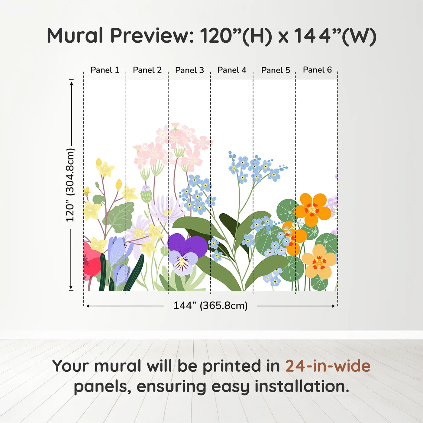 Whimsy Tots Simple Wildflower Border Wall Muraldimension view (120" H x 144" W). Printed in six 24-inch-wide panels. Gender-Neutral