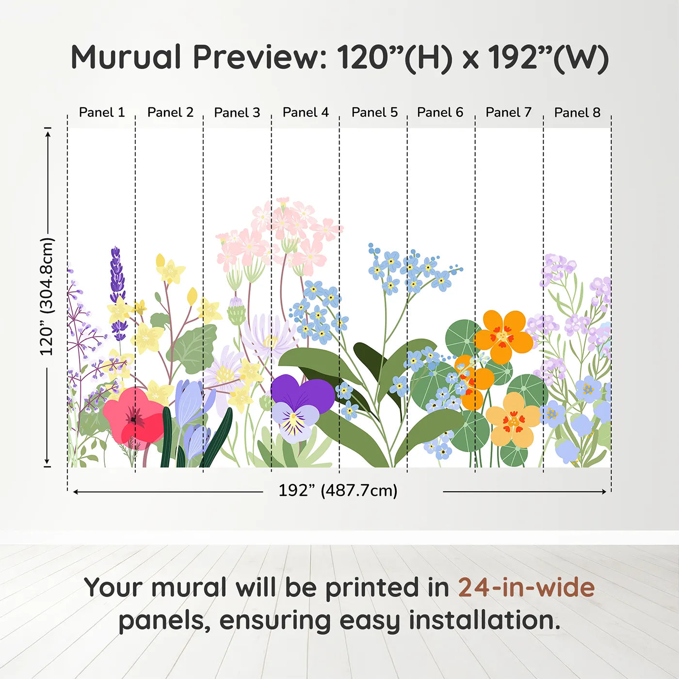 Whimsy Tots Simple Wildflower Border Wall Muraldimension view (120" H x 192" W). Printed in eight 24-inch-wide panels. Gender-Neutral