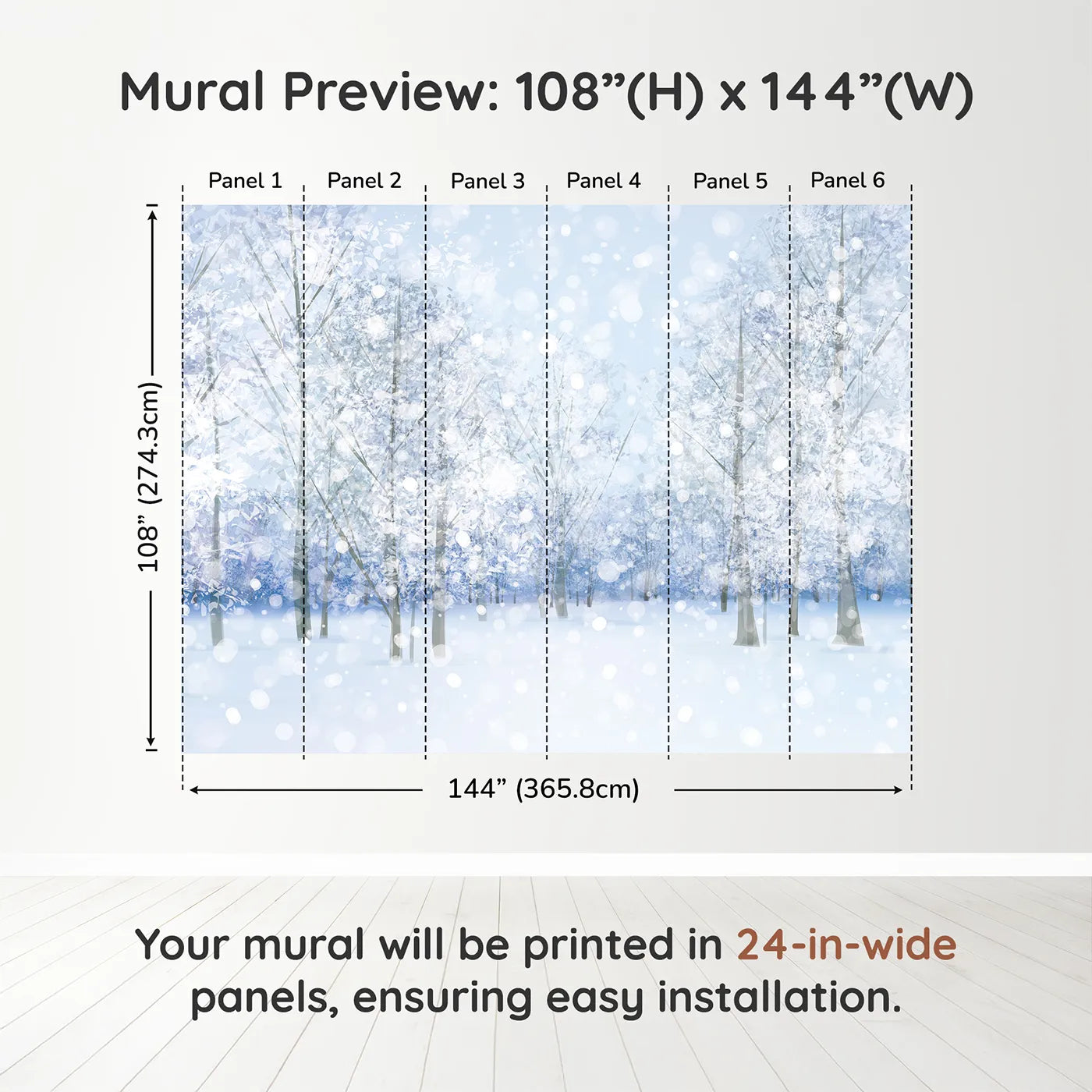 Whimsy Tots Sparkling Winter Forest Wall Muraldimension view (108" H x 144" W). Printed in six 24-inch-wide panels. Gender-Neutral
