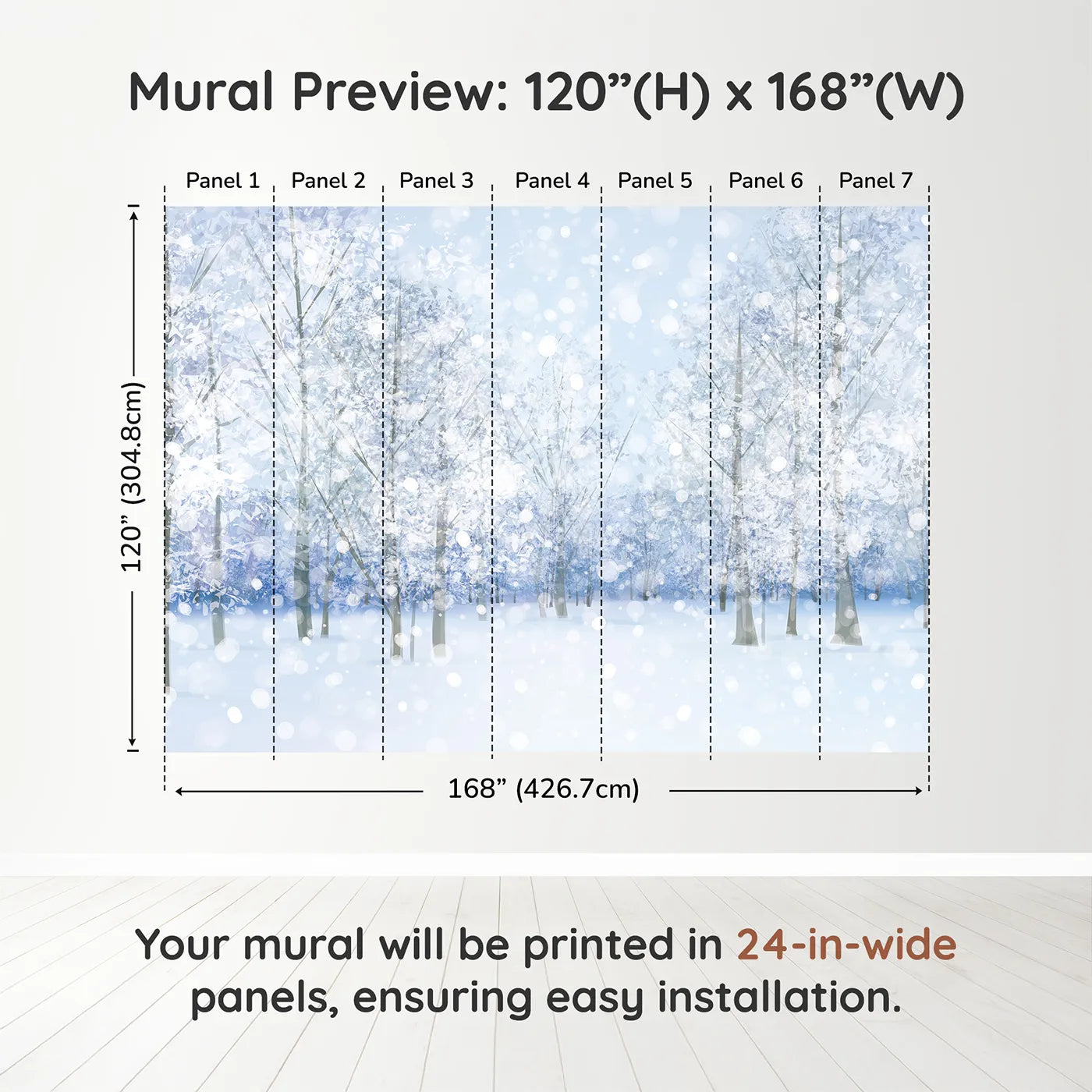 Whimsy Tots Sparkling Winter Forest Wall Muraldimension view (120" H x 168" W). Printed in seven 24-inch-wide panels. Gender-Neutral
