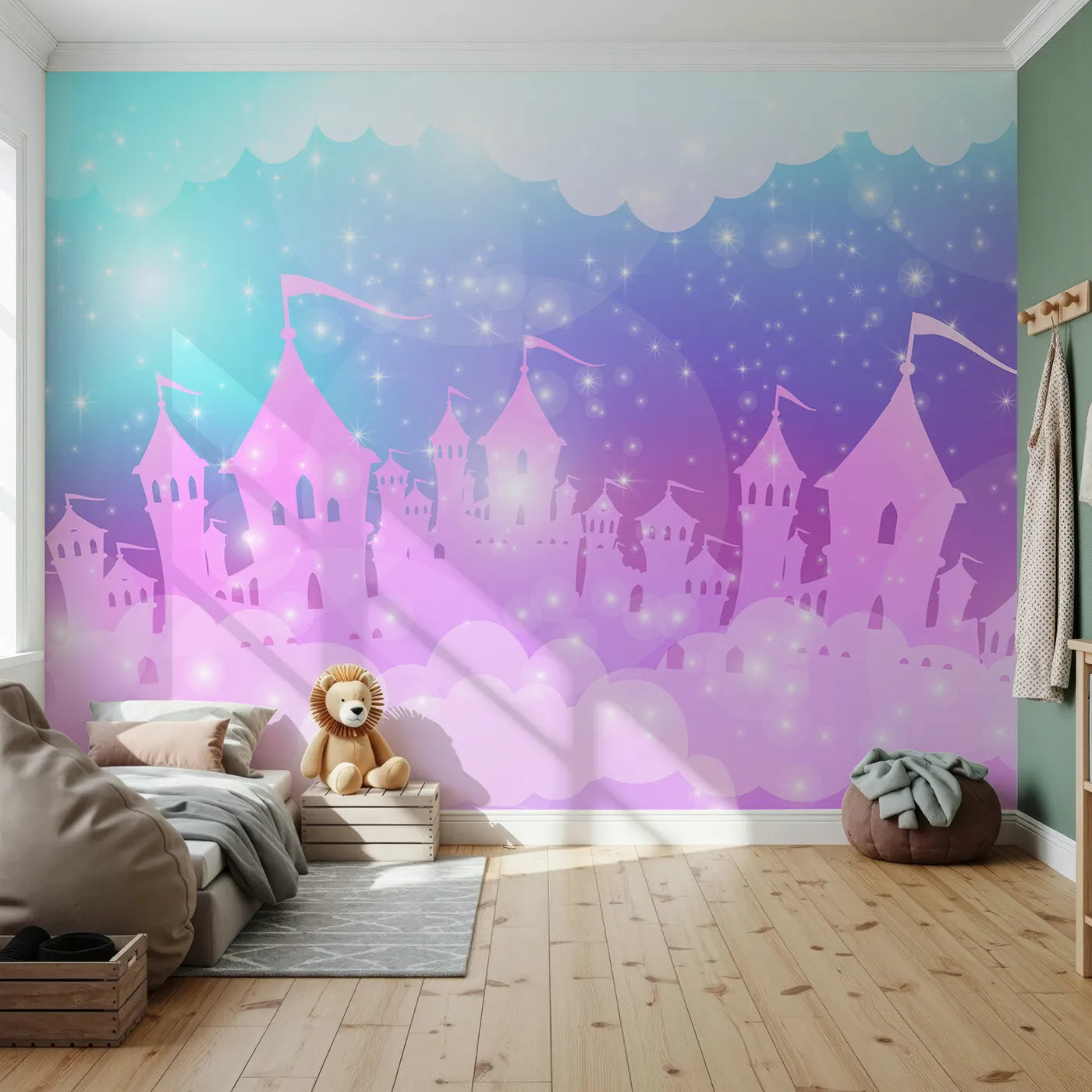 Front view of Whimsy Tots' Sparkling Cloud Castle Wall Mural