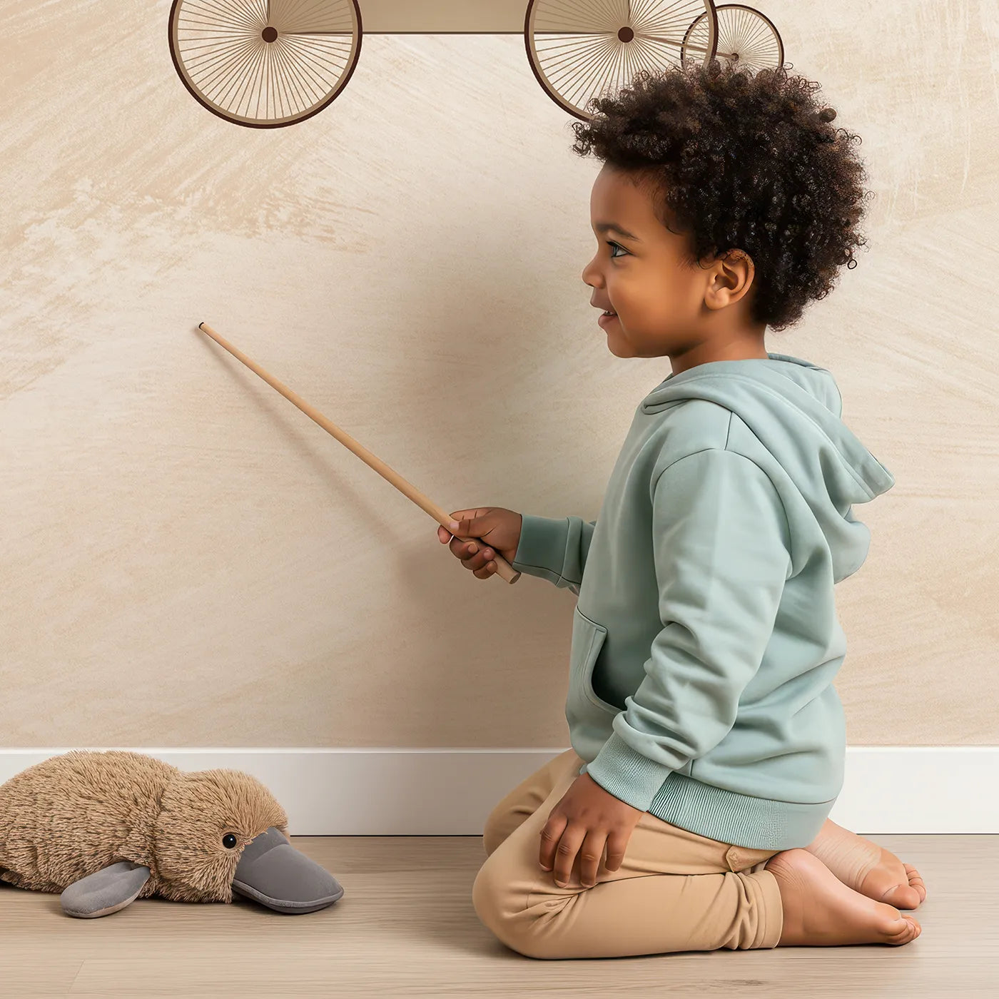 Child in front of Whimsy Tots Safari Balloon Party Wall Mural with animal, safari, balloon, cute, vintage, sky, blossom, beige in design.