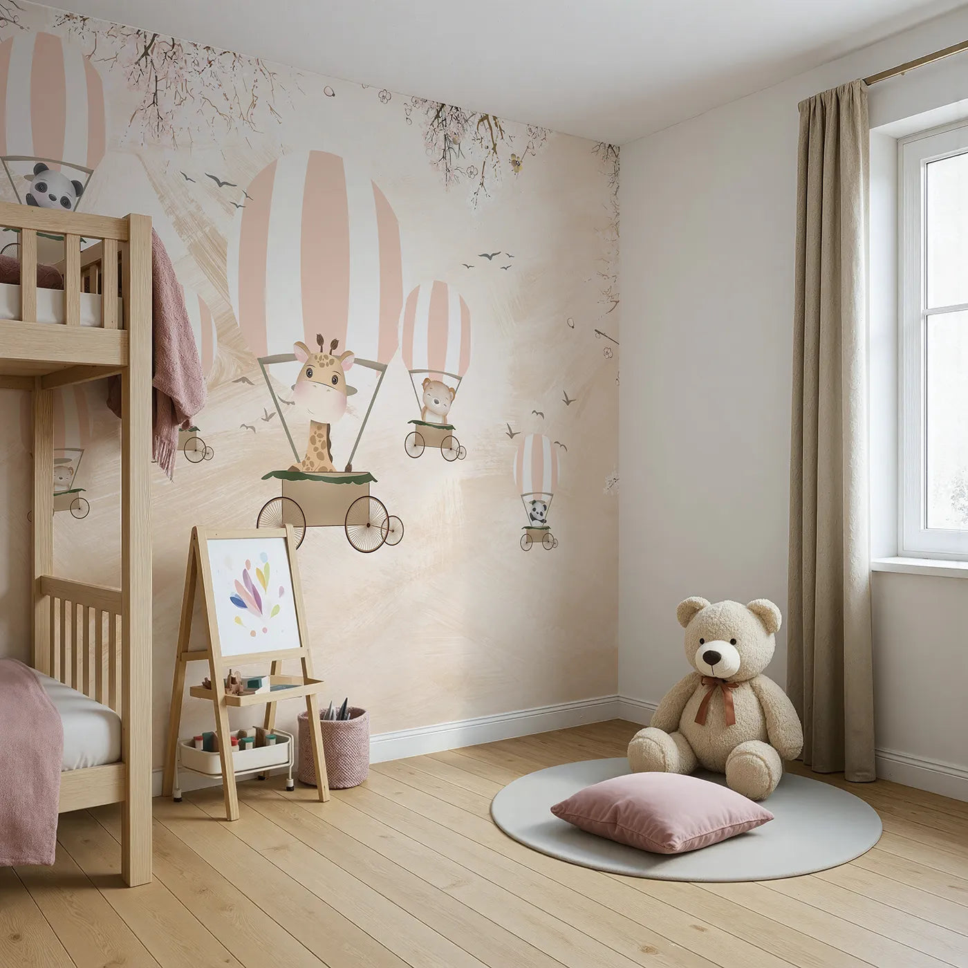 Angled view of Whimsy Tots' Safari Balloon Party Wall Mural (Turn Their Room into a Cheerful, High-Flying Celebration).Gender-Neutral