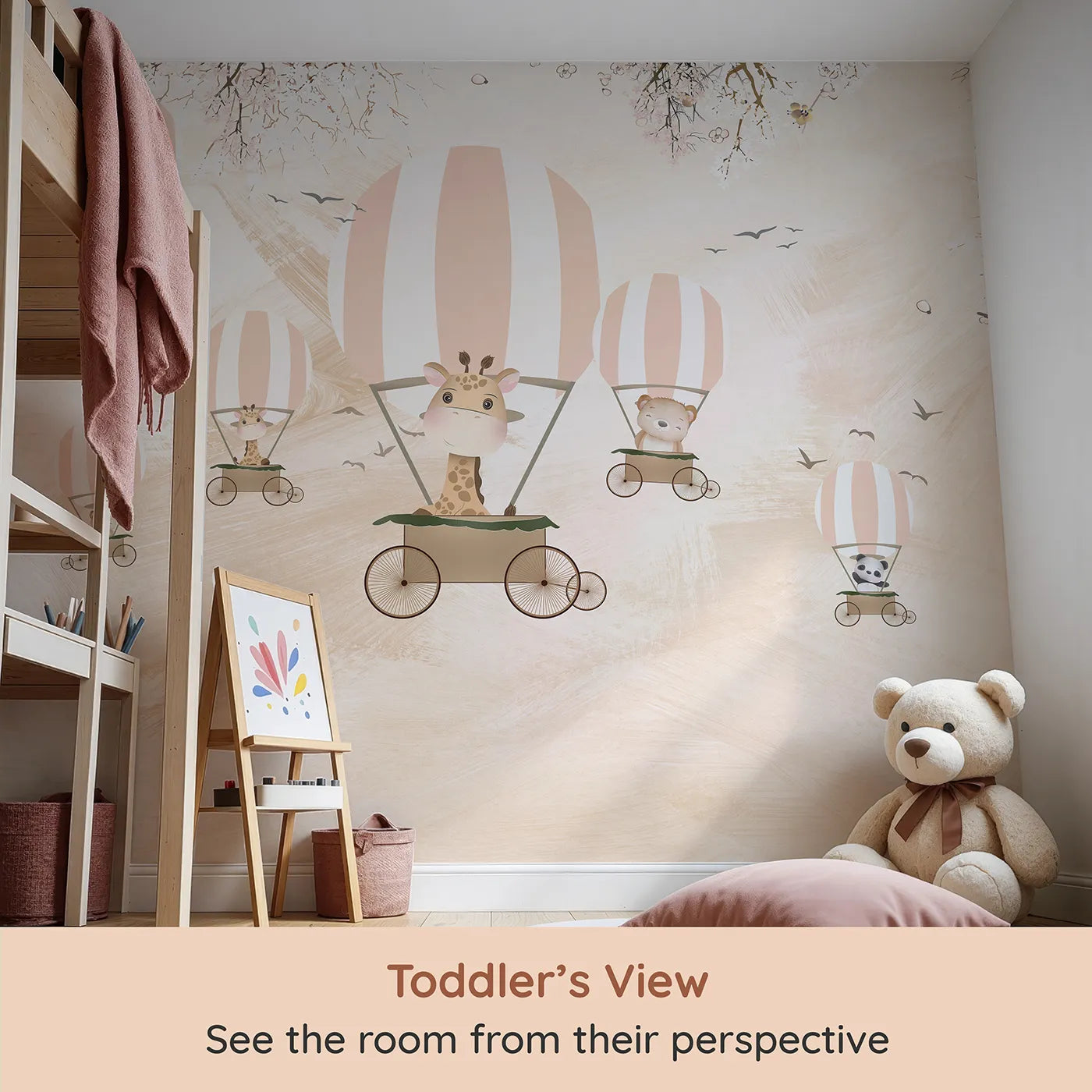 Whimsy Tots Safari Balloon Party Wall Mural (Turn Their Room into a Cheerful, High-Flying Celebration) from your child's view.Gender-Neutral