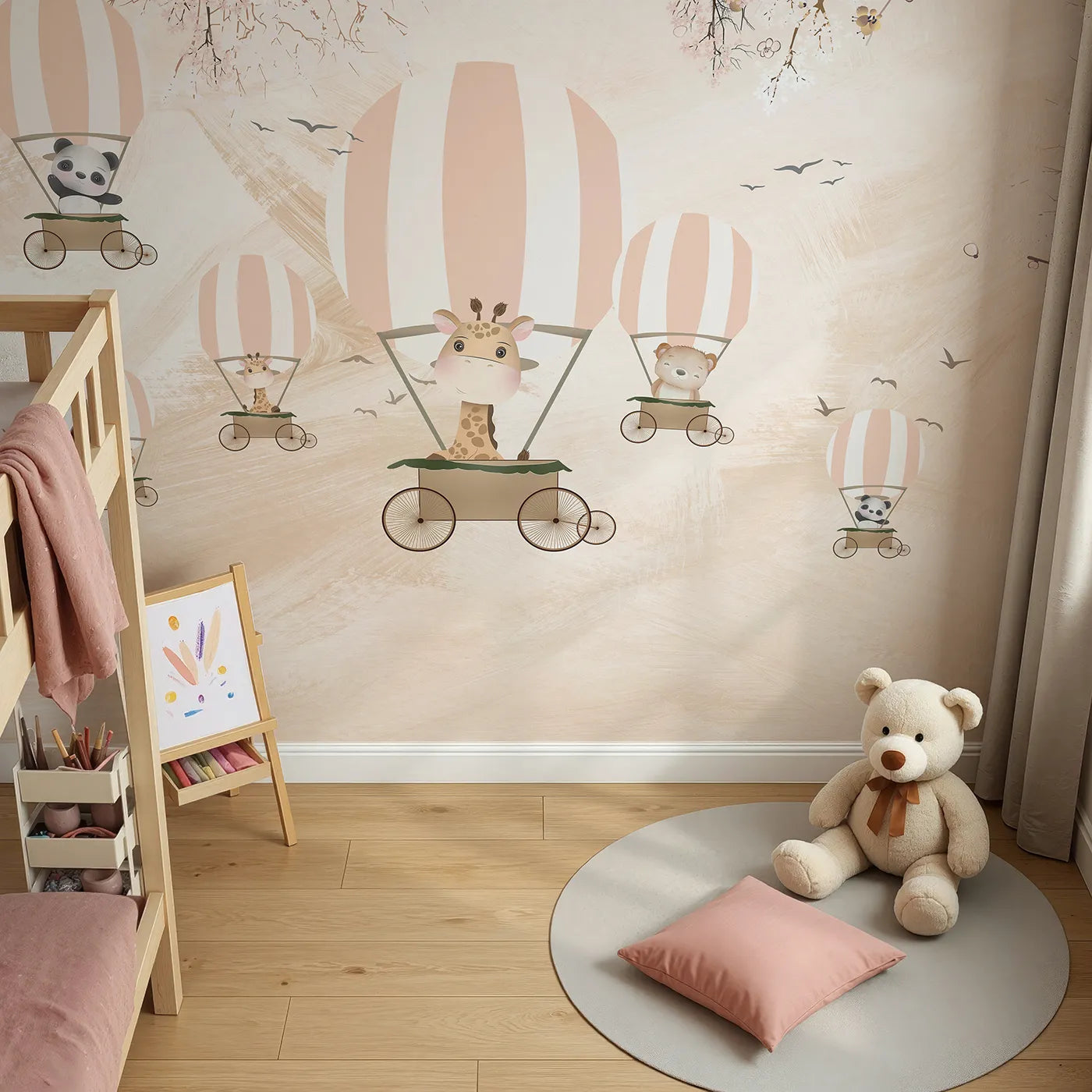Top-down view of Whimsy Tots' Safari Balloon Party Wall Mural (Turn Their Room into a Cheerful, High-Flying Celebration).Gender-Neutral