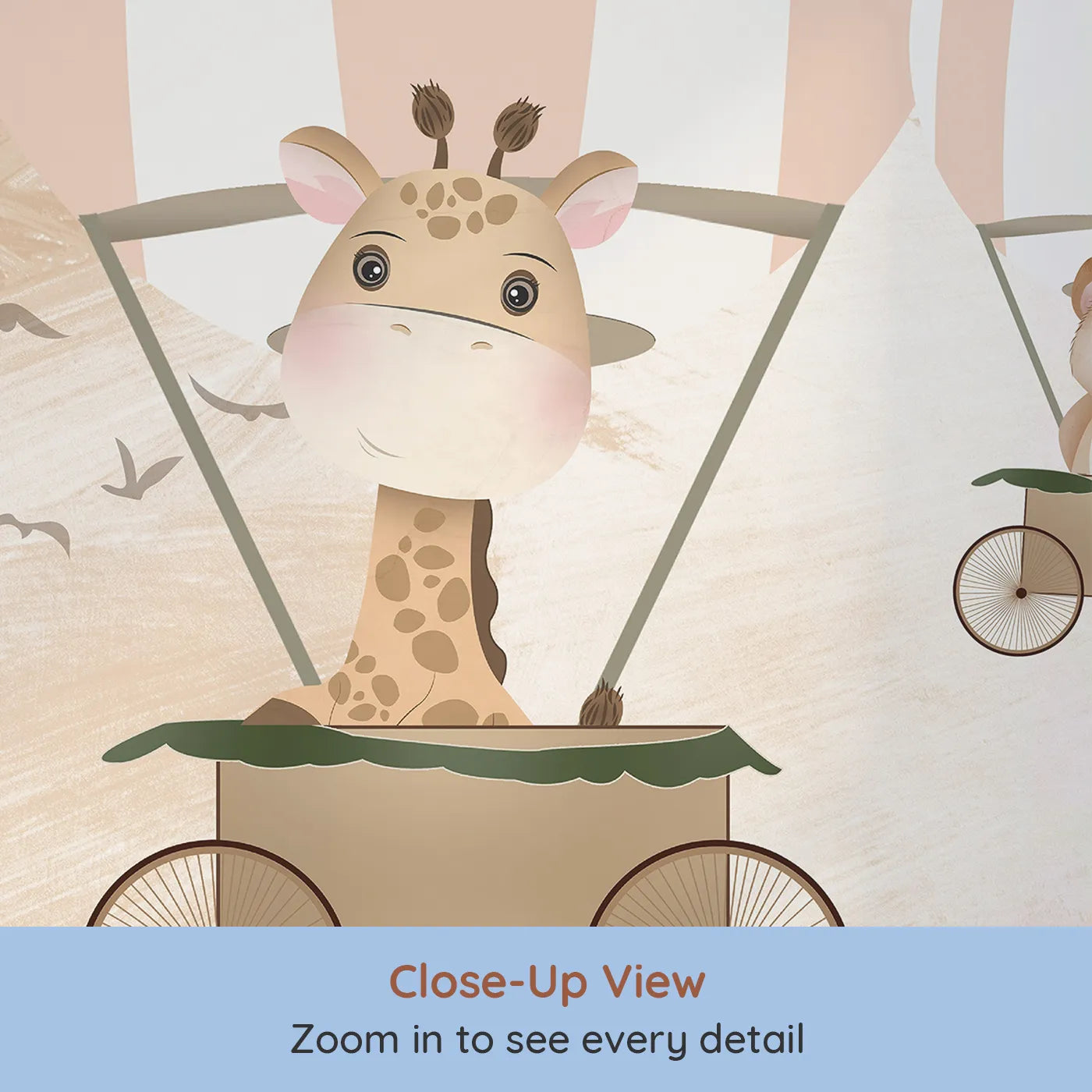 Close-up view of Whimsy Tots' Safari Balloon Party Wall Mural (Turn Their Room into a Cheerful, High-Flying Celebration).Gender-Neutral