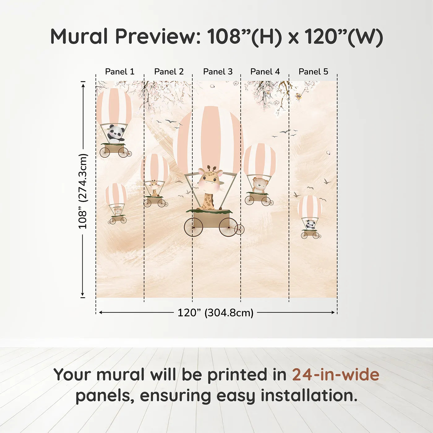 Whimsy Tots Safari Balloon Party Wall Muraldimension view (108" H x 120" W). Printed in five 24-inch-wide panels. Gender-Neutral