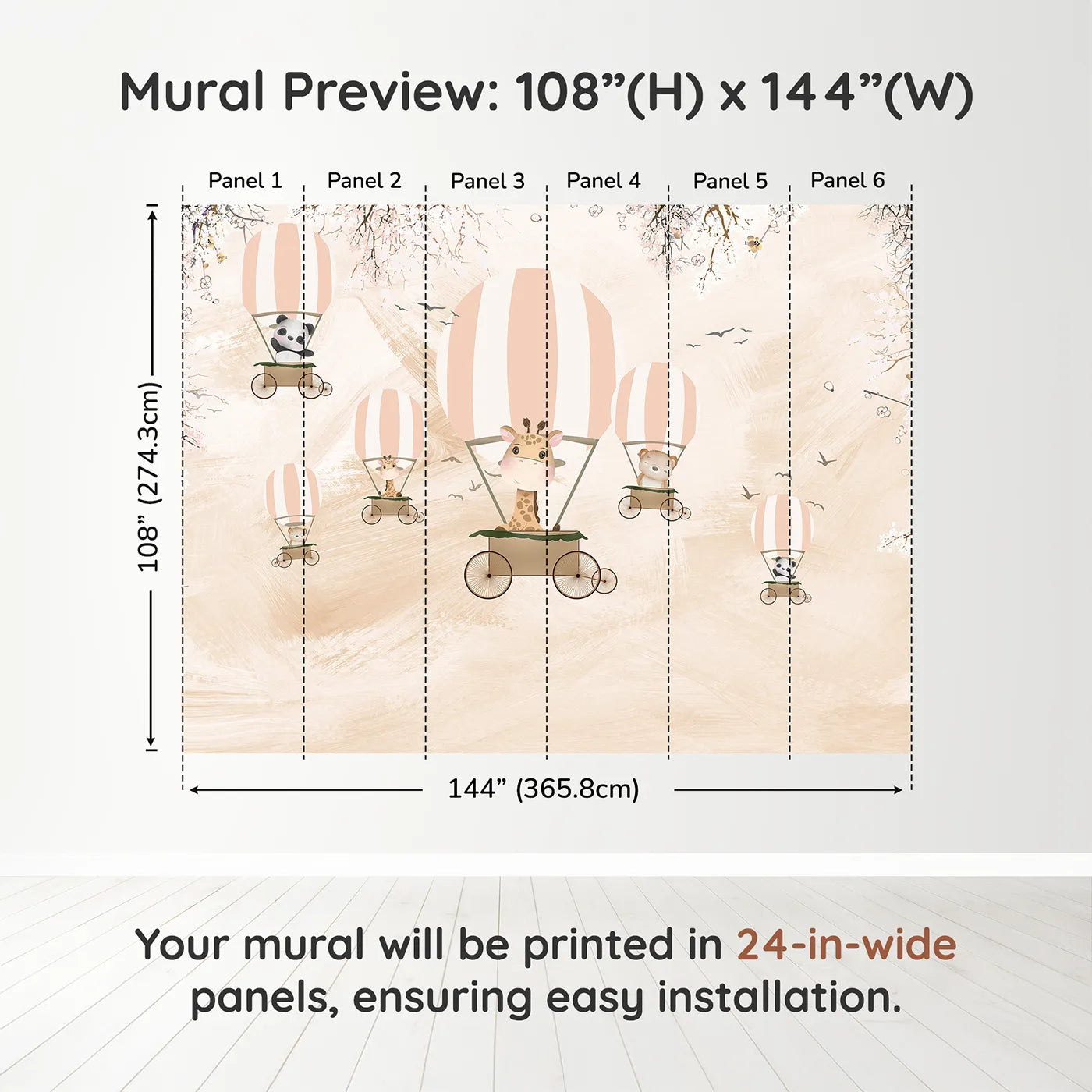 Whimsy Tots Safari Balloon Party Wall Muraldimension view (108" H x 144" W). Printed in six 24-inch-wide panels. Gender-Neutral