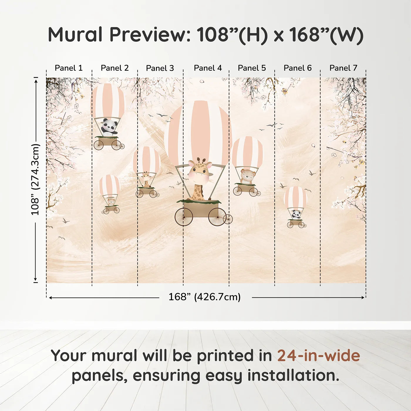 Whimsy Tots Safari Balloon Party Wall Muraldimension view (108" H x 168" W). Printed in seven 24-inch-wide panels. Gender-Neutral