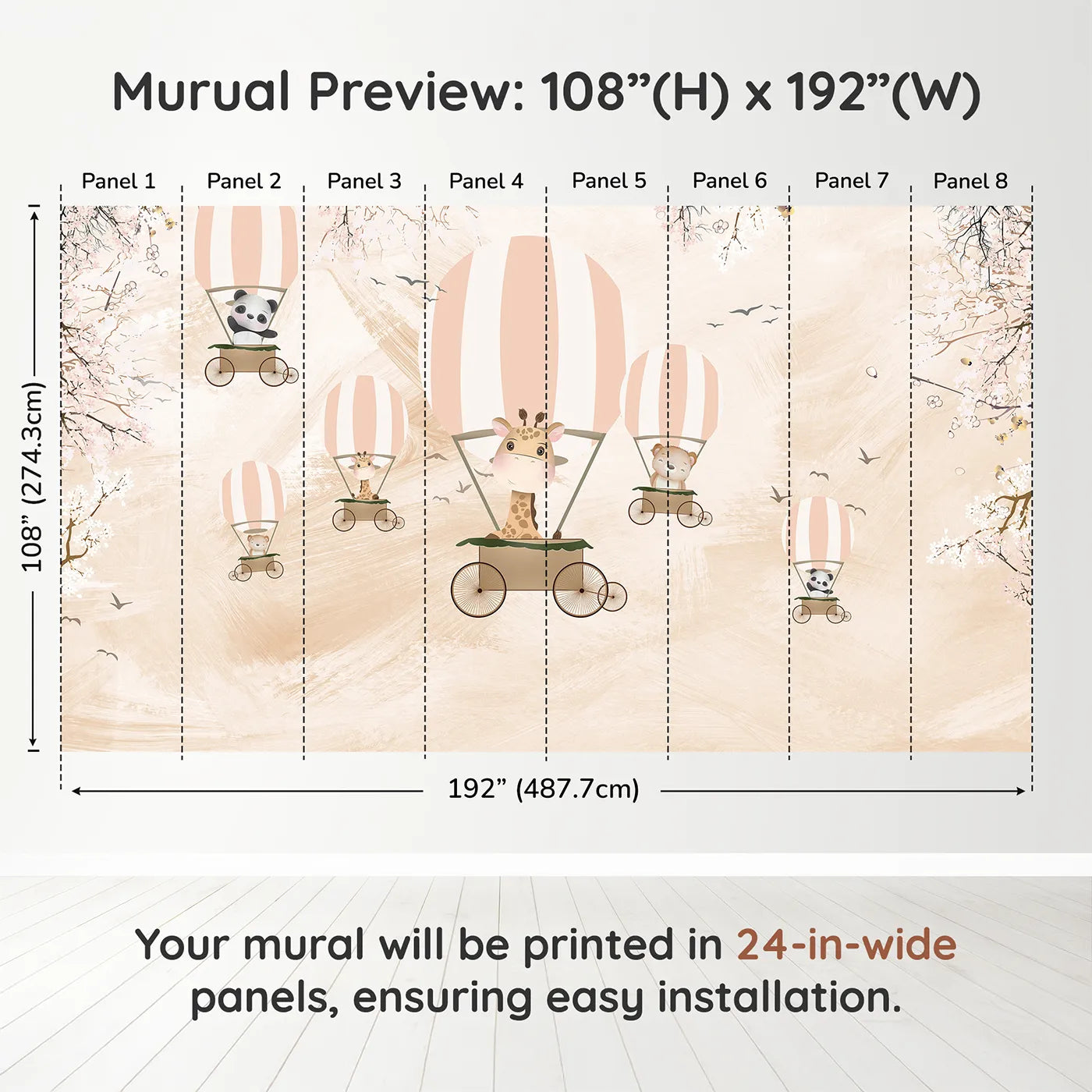 Whimsy Tots Safari Balloon Party Wall Muraldimension view (108" H x 192" W). Printed in eight 24-inch-wide panels. Gender-Neutral