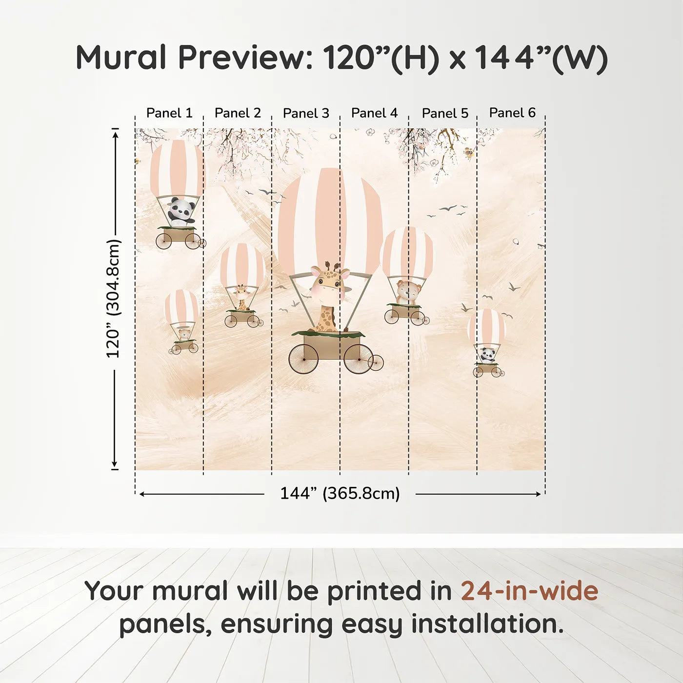 Whimsy Tots Safari Balloon Party Wall Muraldimension view (120" H x 144" W). Printed in six 24-inch-wide panels. Gender-Neutral