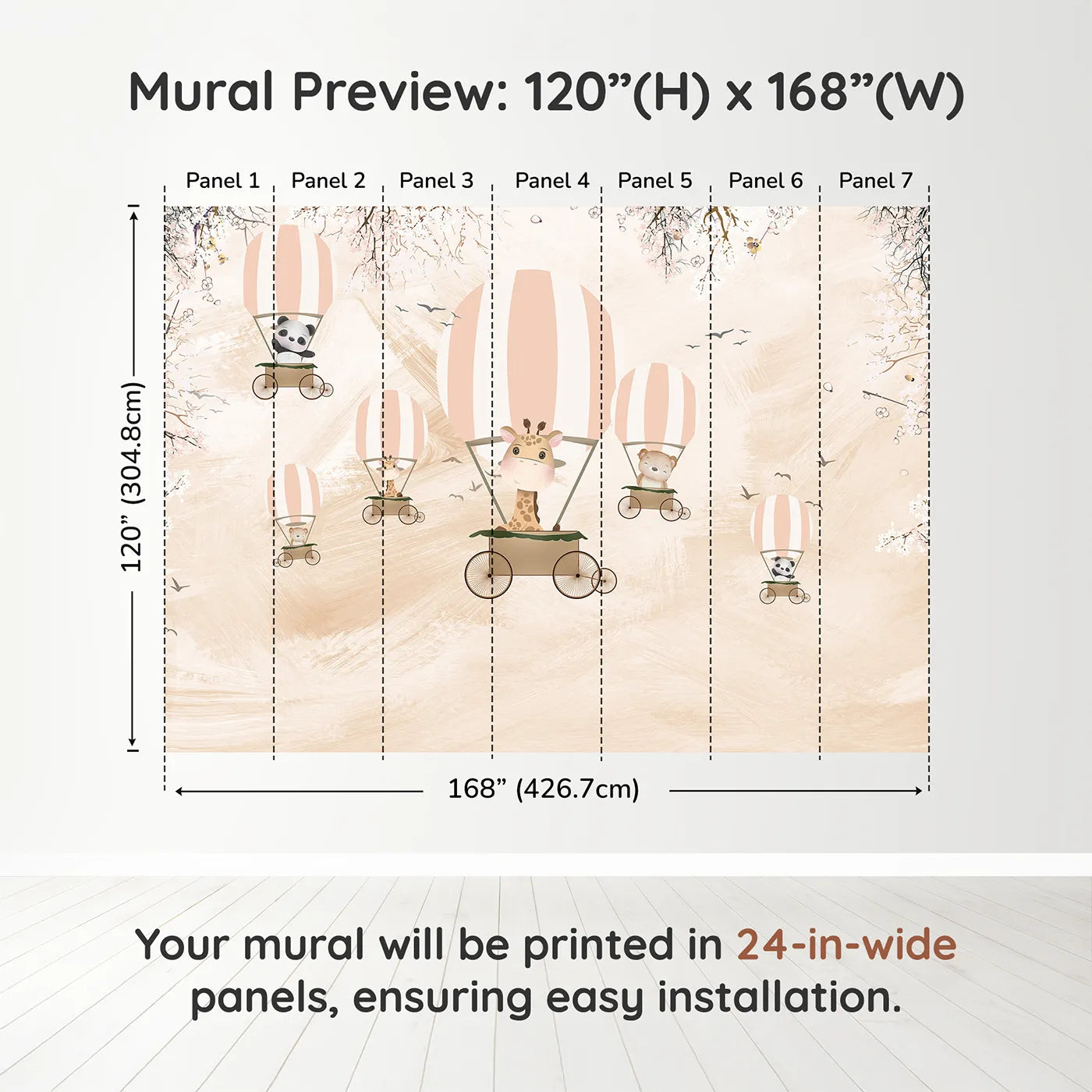 Whimsy Tots Safari Balloon Party Wall Muraldimension view (120" H x 168" W). Printed in seven 24-inch-wide panels. Gender-Neutral