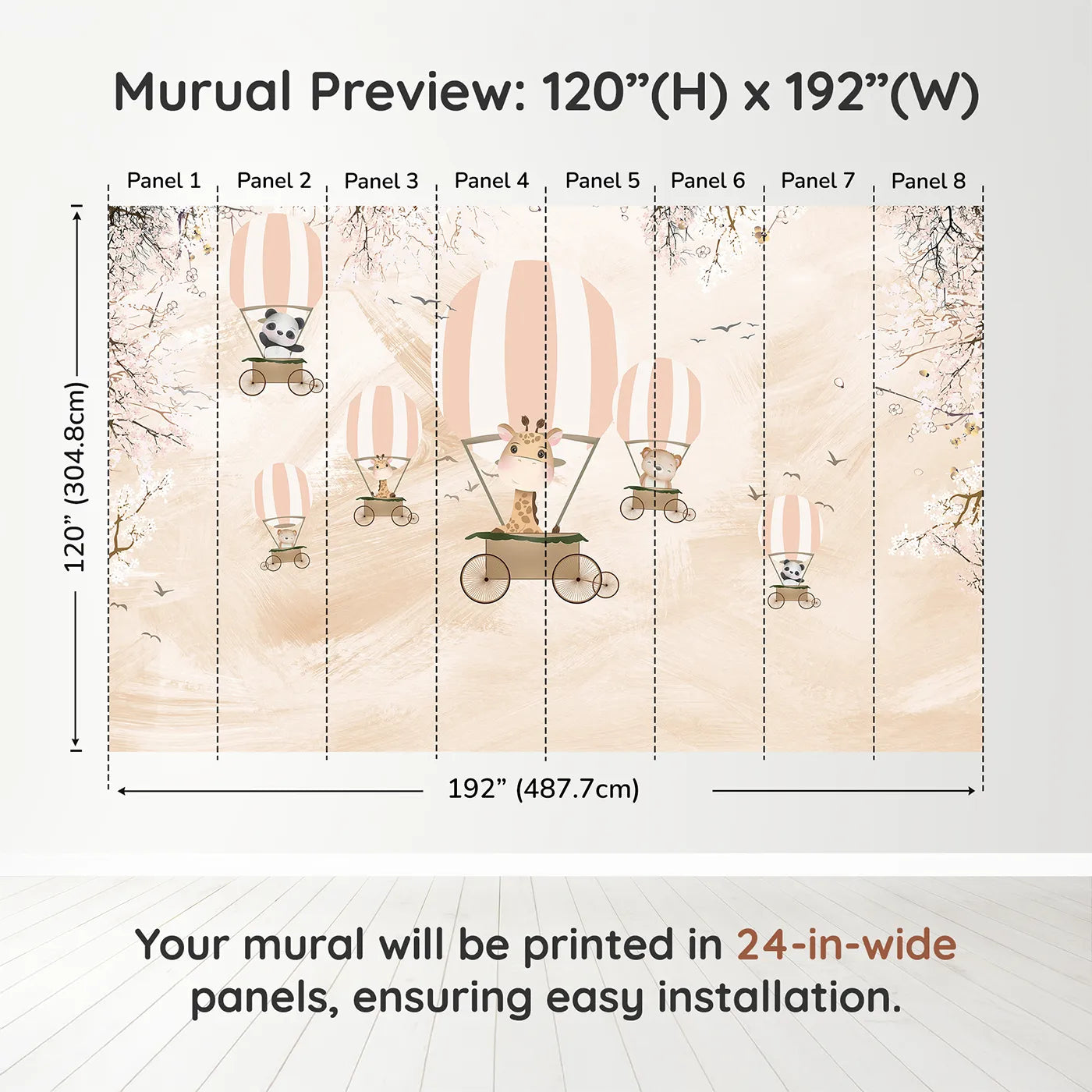 Whimsy Tots Safari Balloon Party Wall Muraldimension view (120" H x 192" W). Printed in eight 24-inch-wide panels. Gender-Neutral
