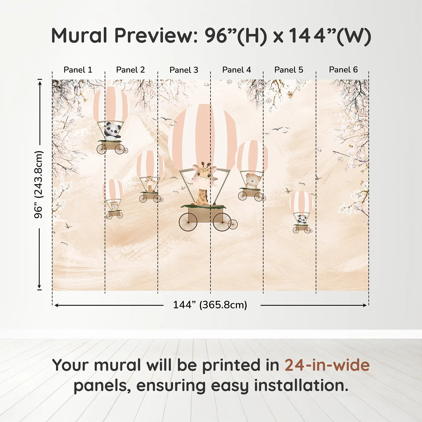 Whimsy Tots Safari Balloon Party Wall Muraldimension view (96" H x 144" W). Printed in six 24-inch-wide panels. Gender-Neutral