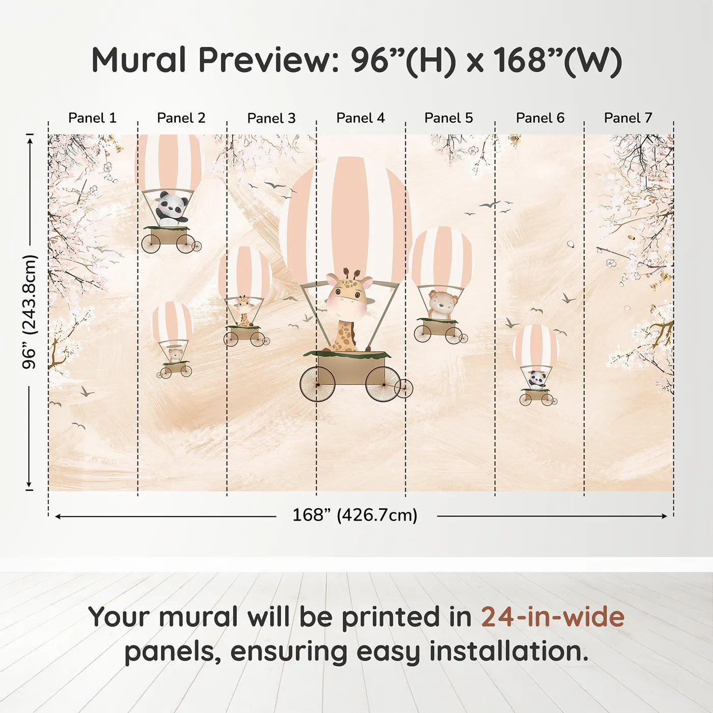 Whimsy Tots Safari Balloon Party Wall Muraldimension view (96" H x 168" W). Printed in seven 24-inch-wide panels. Gender-Neutral