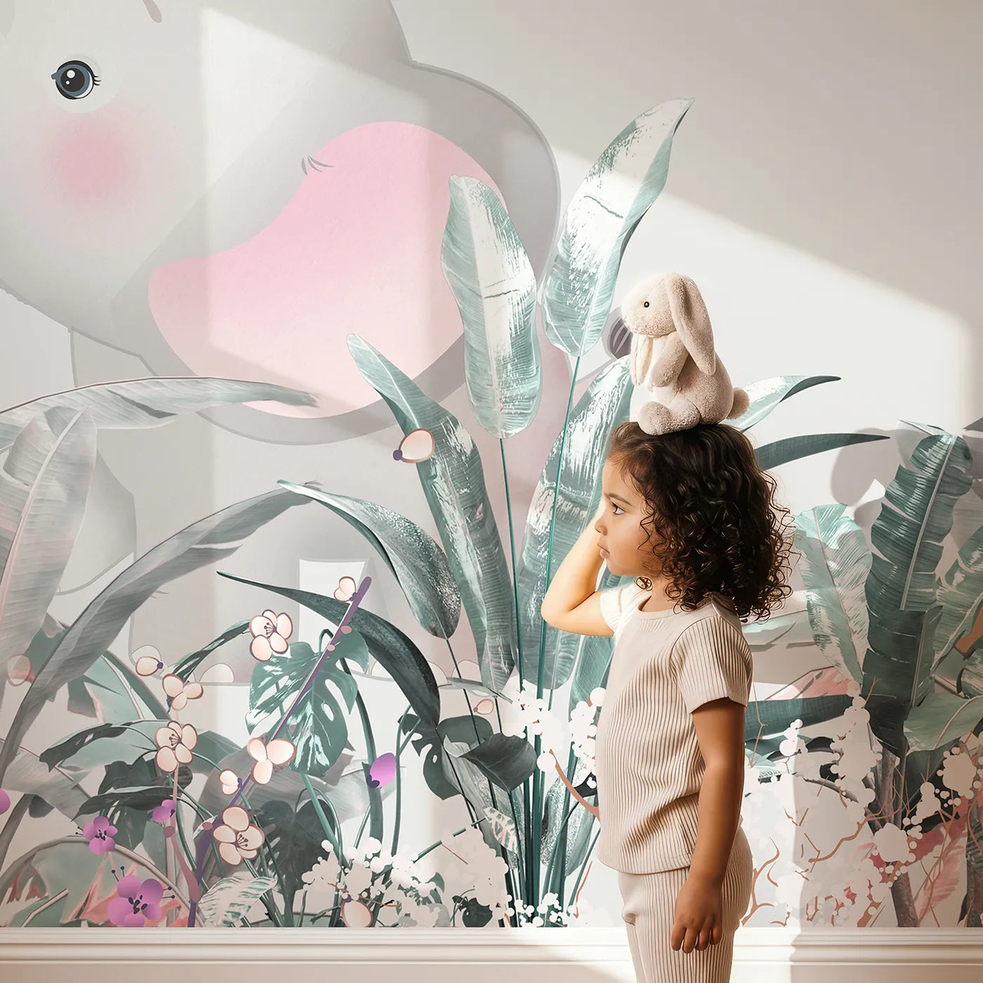 Child in front of Whimsy Tots Jungle Friends Party Wall Mural with animal, safari, cute, jungle, blossom, flower, gray, gentle in design.