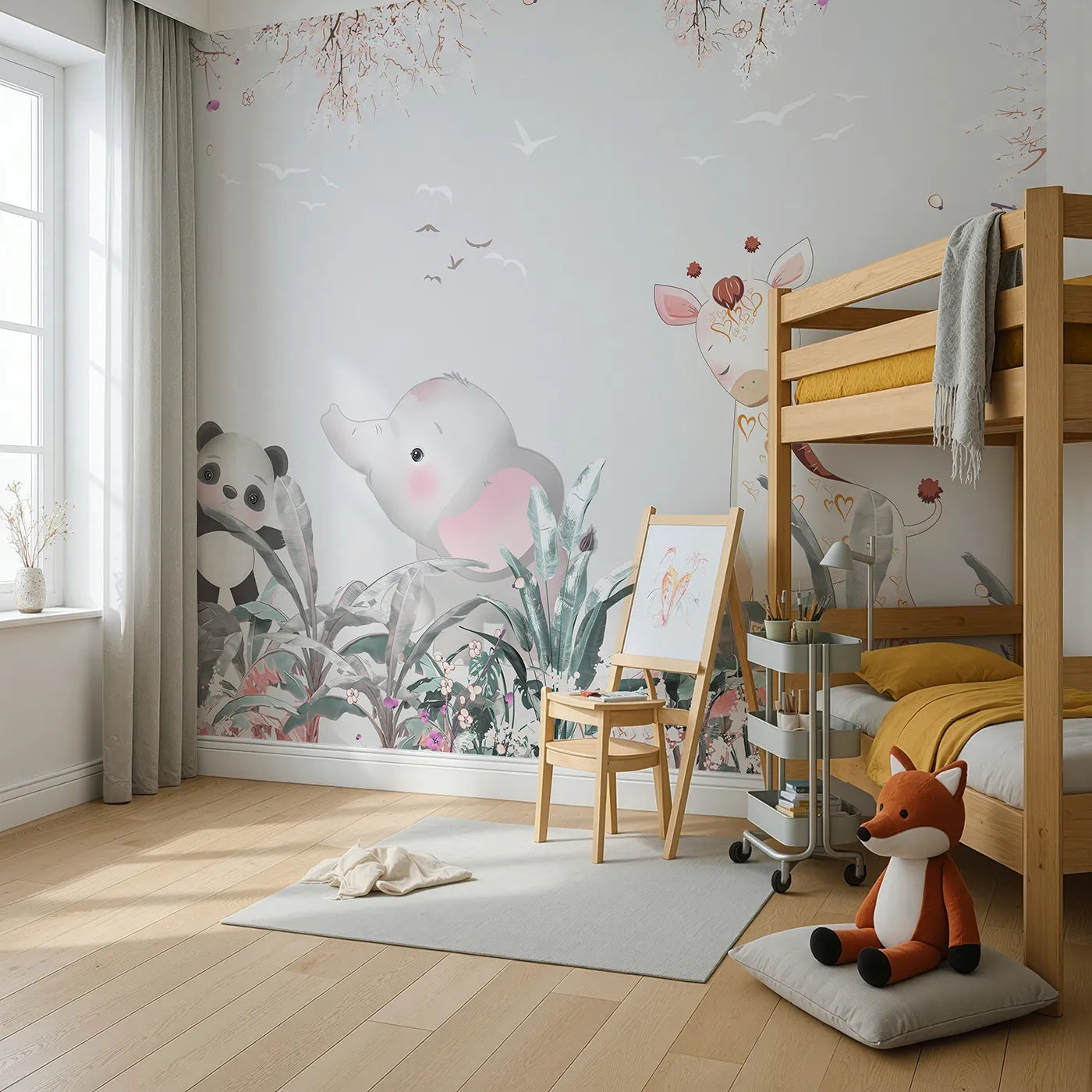 Angled view of Whimsy Tots' Jungle Friends Party Wall Mural (Turn Their Room into the Sweetest, Most Gentle Safari).Gender-Neutral