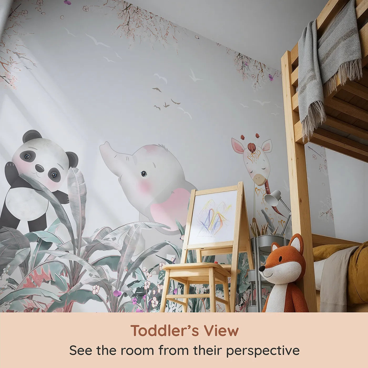 Whimsy Tots Jungle Friends Party Wall Mural (Turn Their Room into the Sweetest, Most Gentle Safari) from your child's view.Gender-Neutral