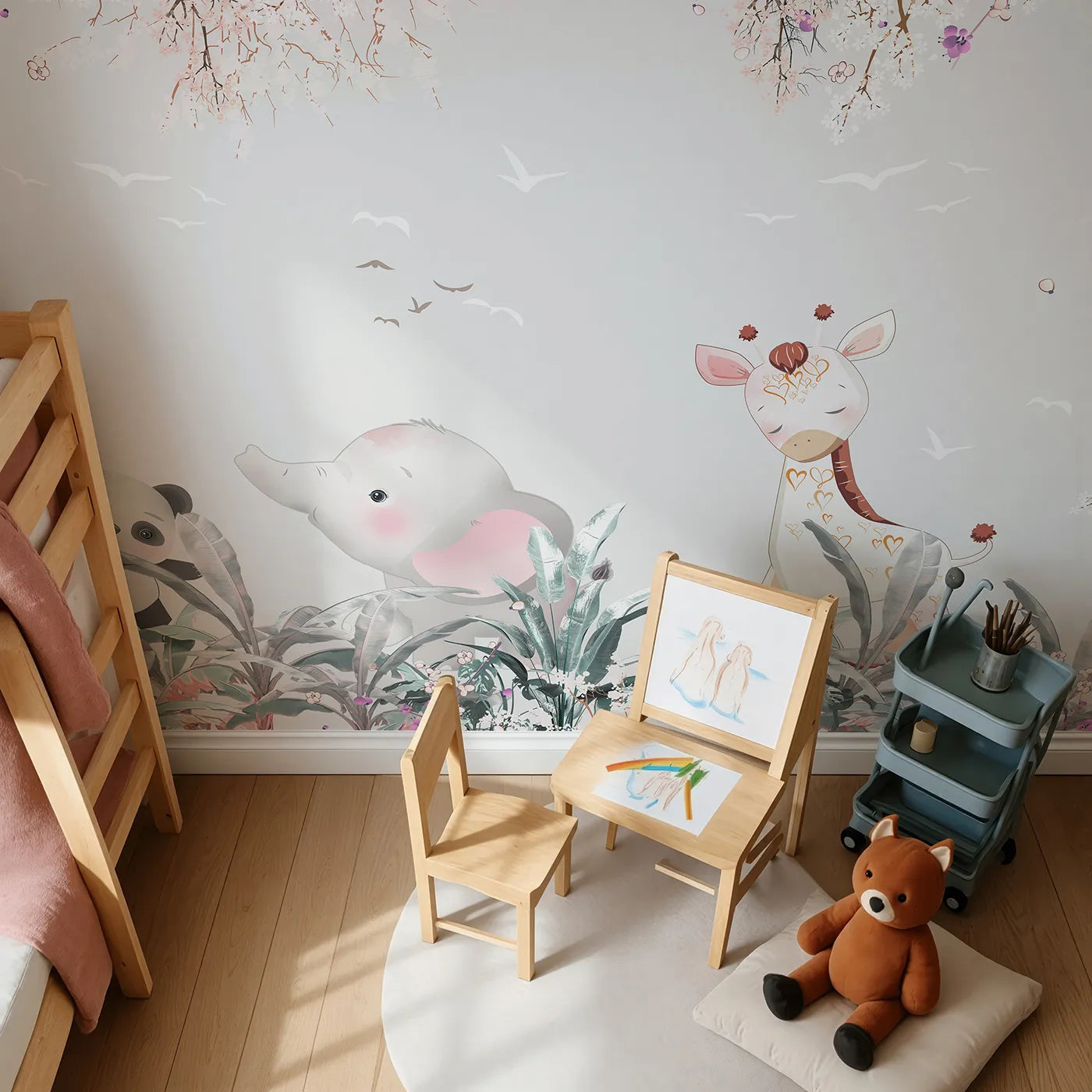 Top-down view of Whimsy Tots' Jungle Friends Party Wall Mural (Turn Their Room into the Sweetest, Most Gentle Safari).Gender-Neutral
