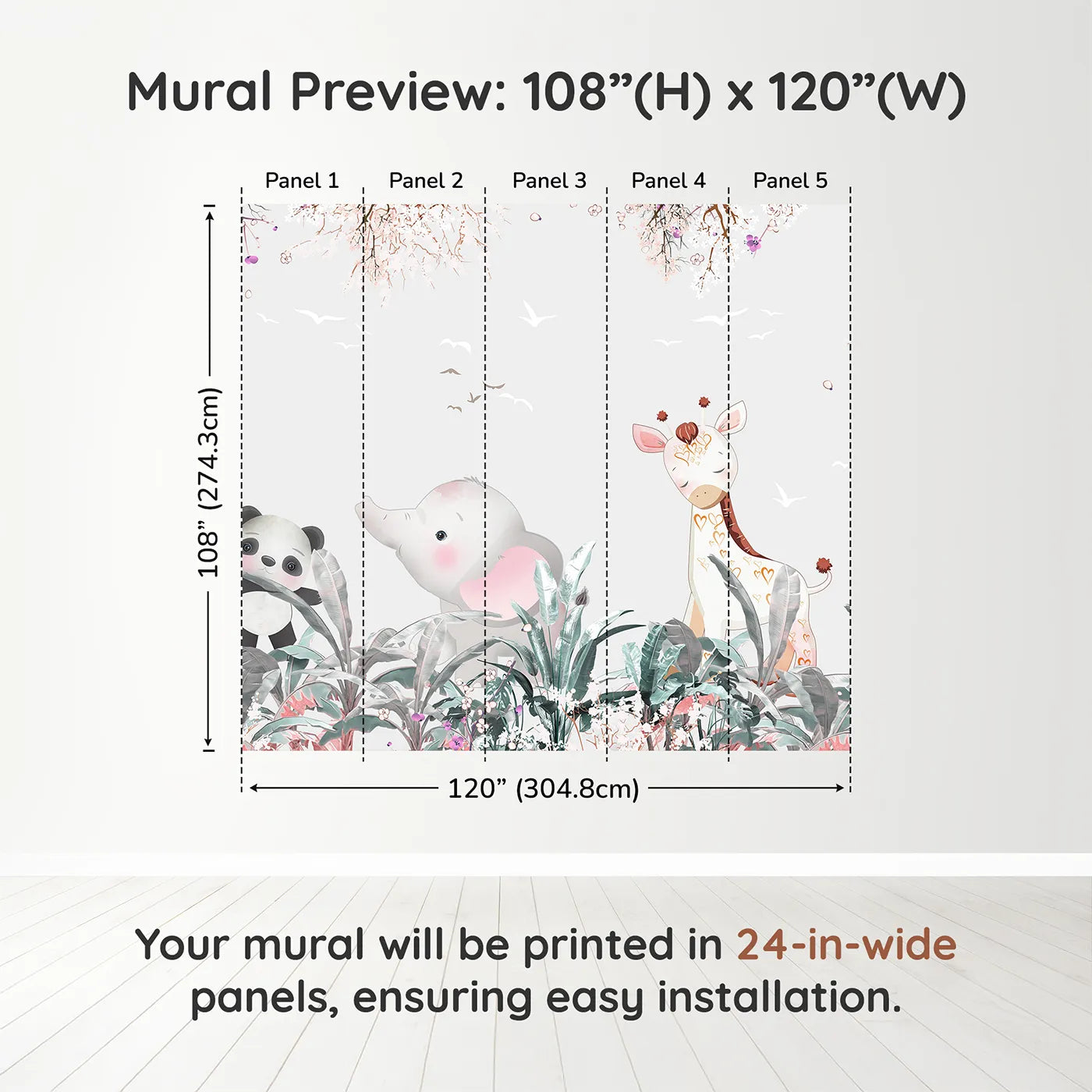 Whimsy Tots Jungle Friends Party Wall Muraldimension view (108" H x 120" W). Printed in five 24-inch-wide panels. Gender-Neutral
