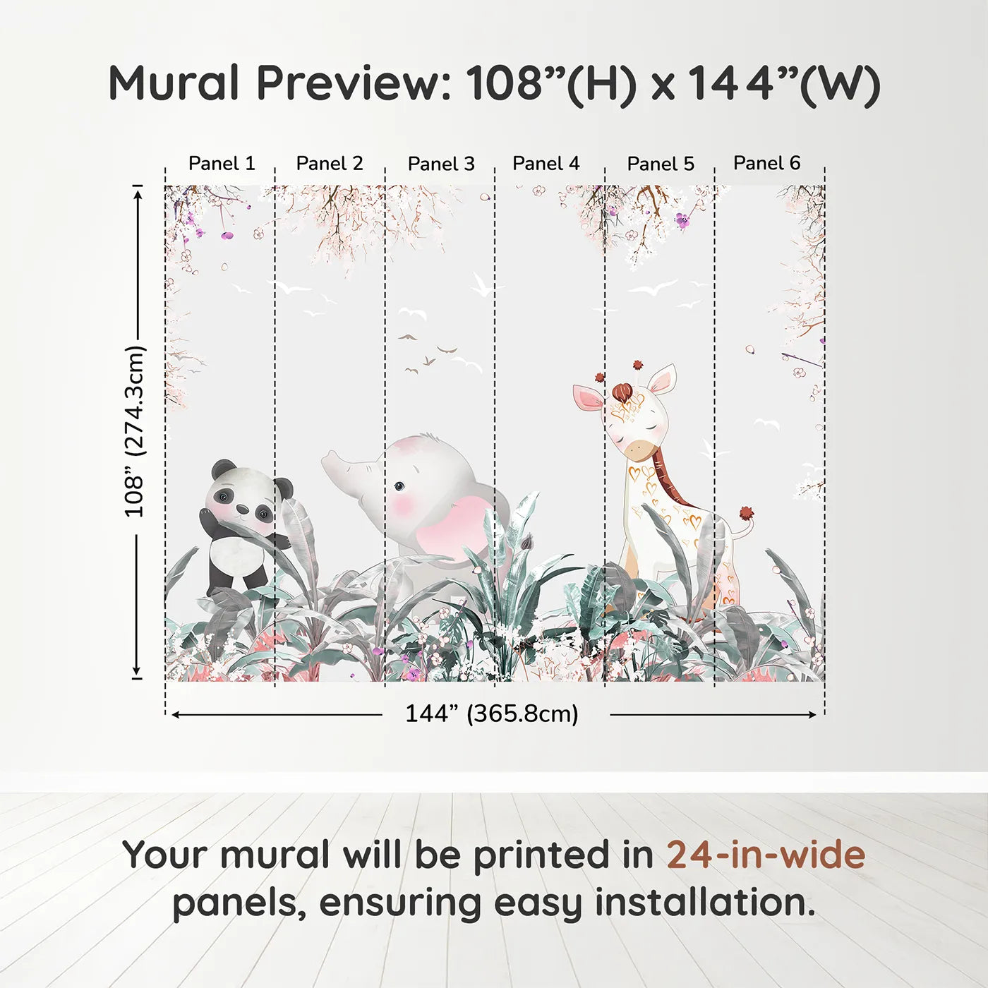 Whimsy Tots Jungle Friends Party Wall Muraldimension view (108" H x 144" W). Printed in six 24-inch-wide panels. Gender-Neutral