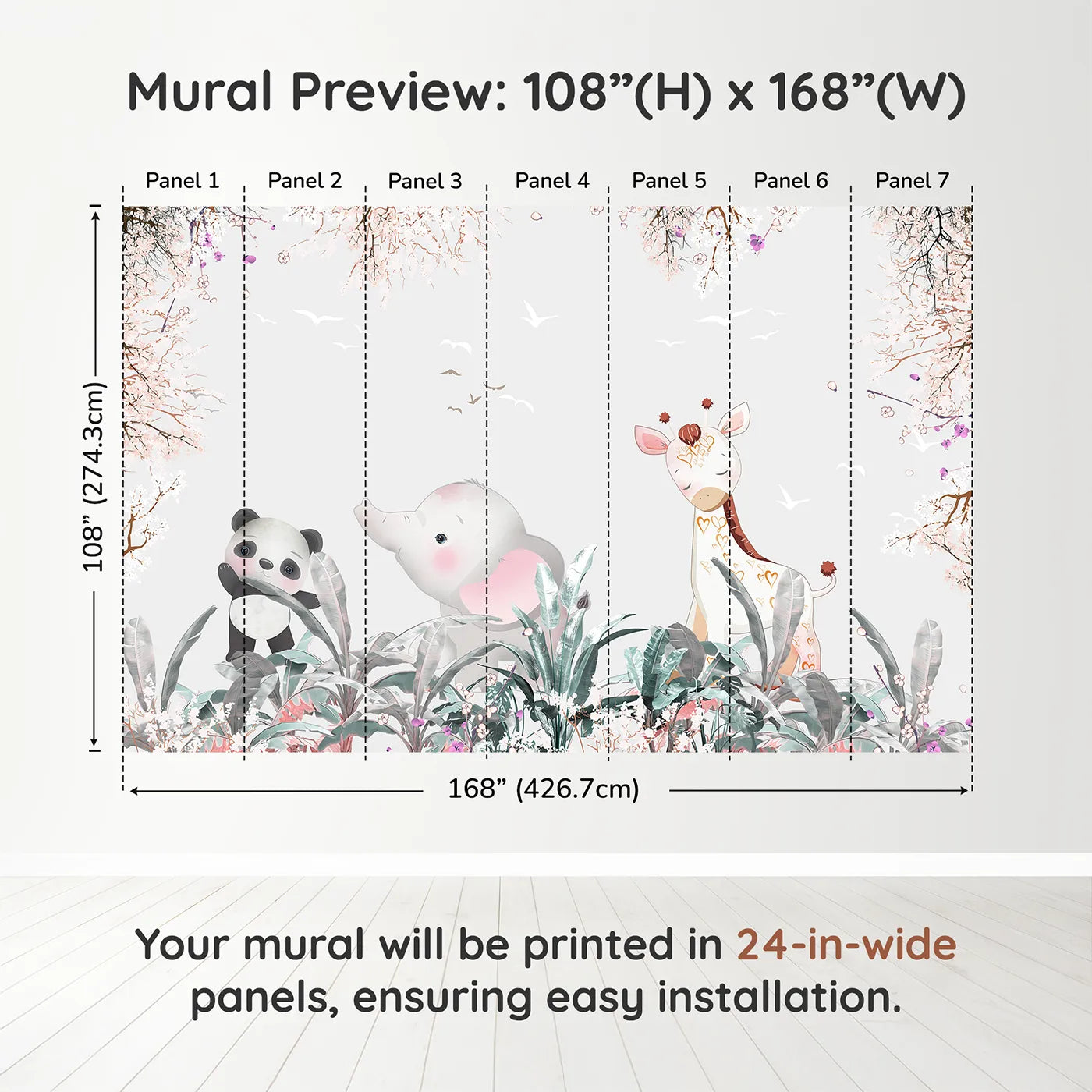 Whimsy Tots Jungle Friends Party Wall Muraldimension view (108" H x 168" W). Printed in seven 24-inch-wide panels. Gender-Neutral