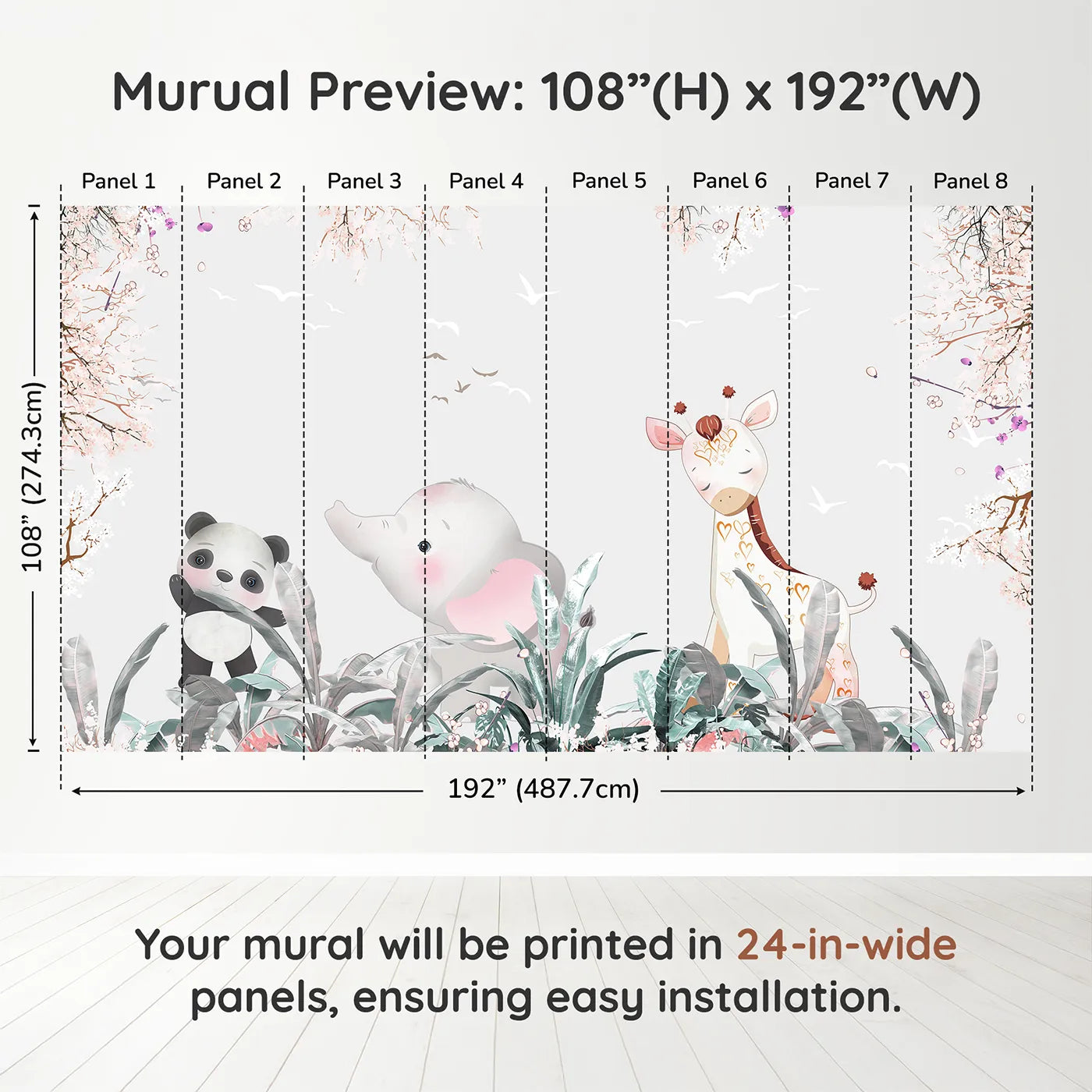 Whimsy Tots Jungle Friends Party Wall Muraldimension view (108" H x 192" W). Printed in eight 24-inch-wide panels. Gender-Neutral