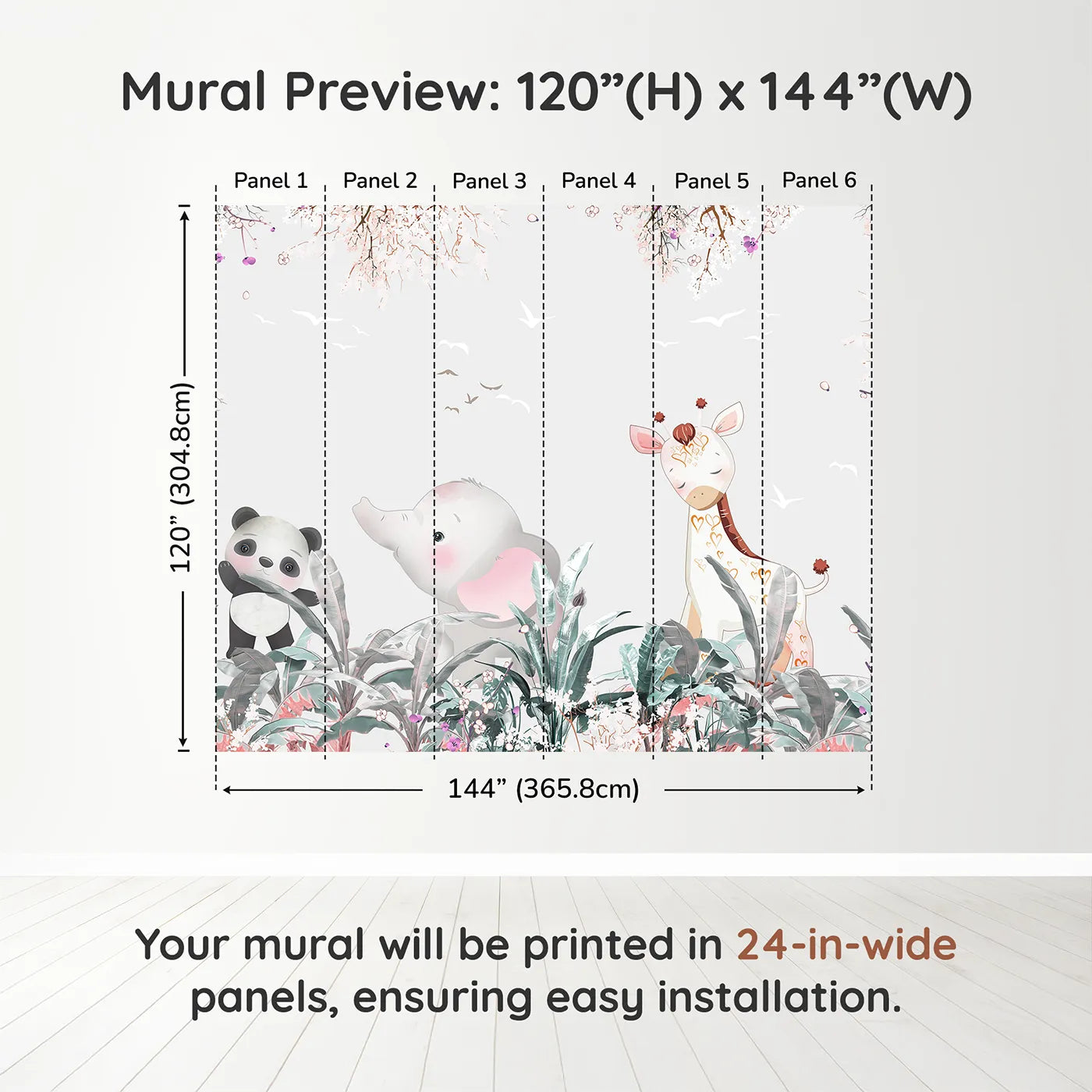 Whimsy Tots Jungle Friends Party Wall Muraldimension view (120" H x 144" W). Printed in six 24-inch-wide panels. Gender-Neutral