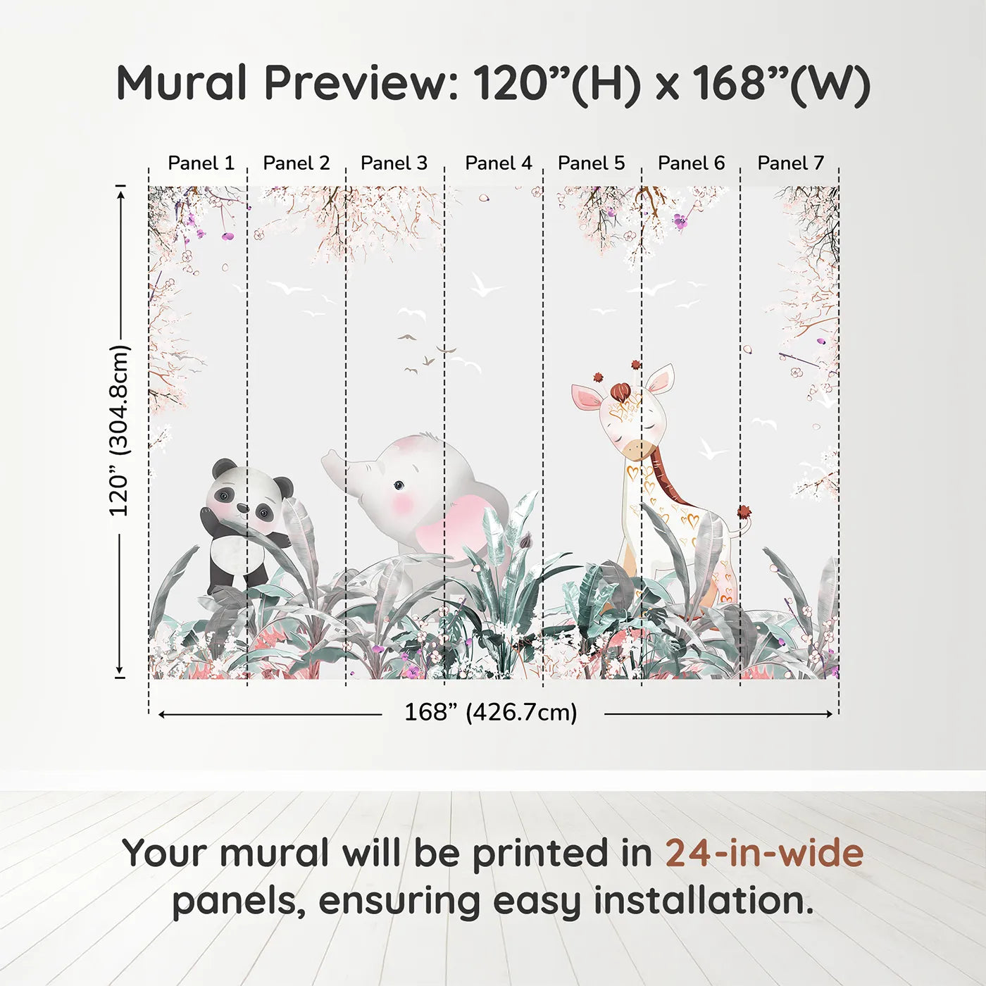 Whimsy Tots Jungle Friends Party Wall Muraldimension view (120" H x 168" W). Printed in seven 24-inch-wide panels. Gender-Neutral