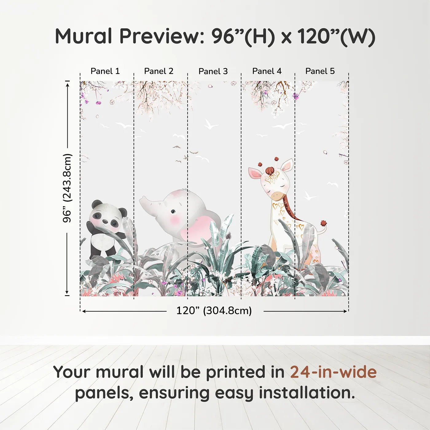 Whimsy Tots Jungle Friends Party Wall Muraldimension view (96" H x 120" W). Printed in five 24-inch-wide panels. Gender-Neutral