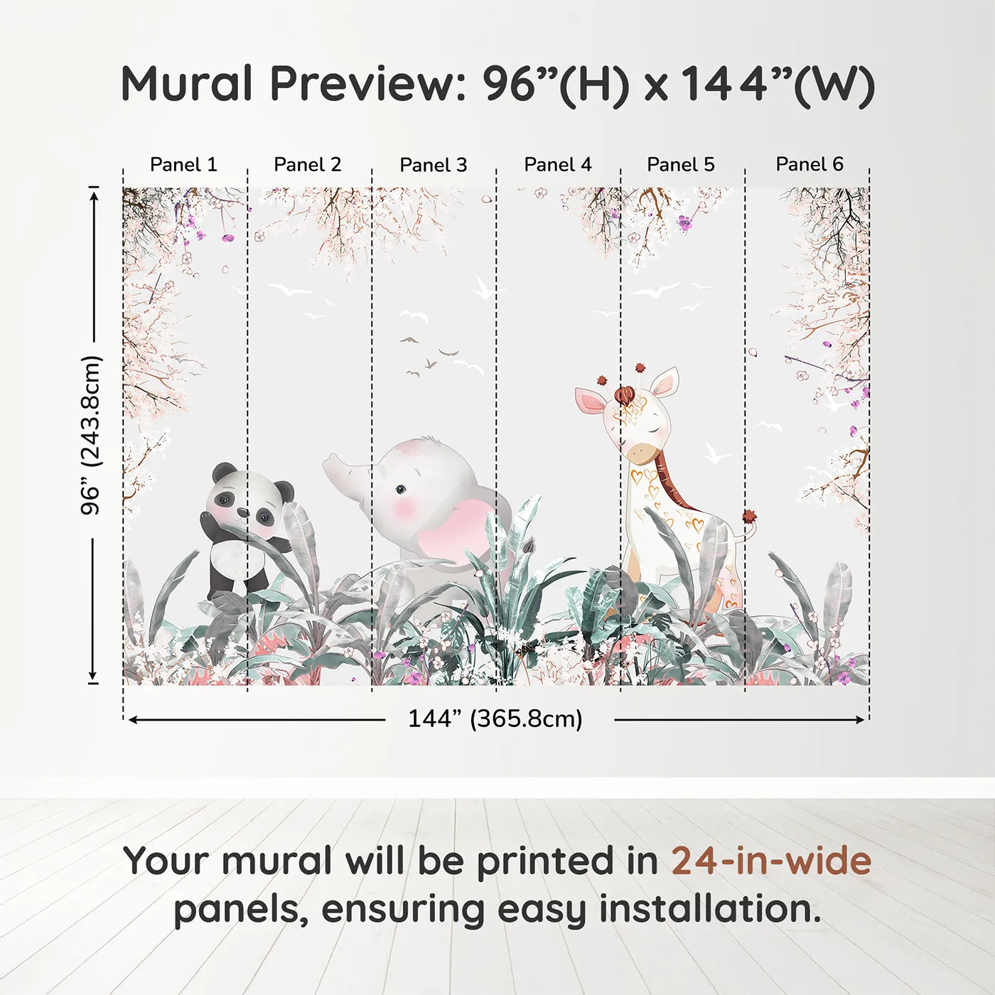 Whimsy Tots Jungle Friends Party Wall Muraldimension view (96" H x 144" W). Printed in six 24-inch-wide panels. Gender-Neutral