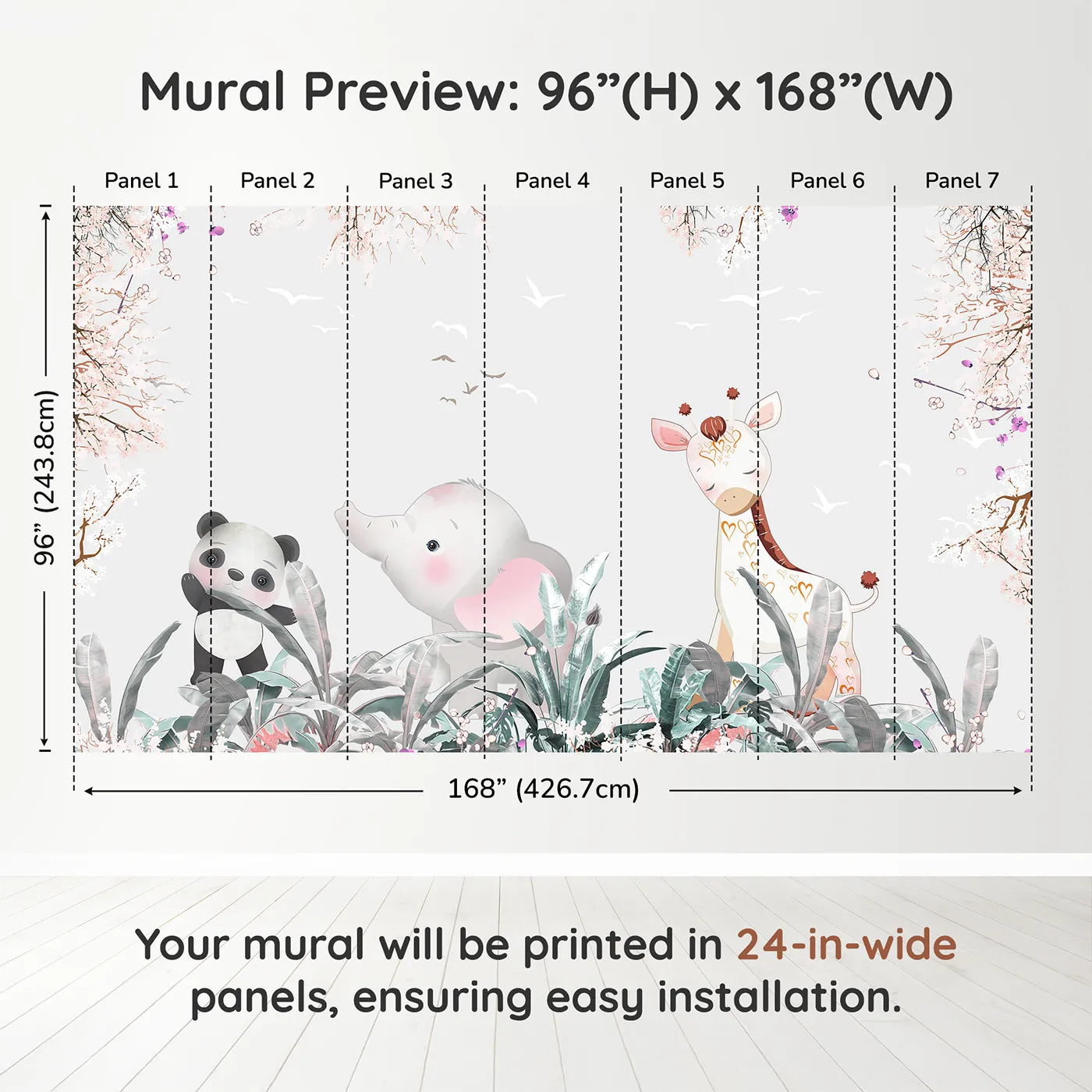 Whimsy Tots Jungle Friends Party Wall Muraldimension view (96" H x 168" W). Printed in seven 24-inch-wide panels. Gender-Neutral