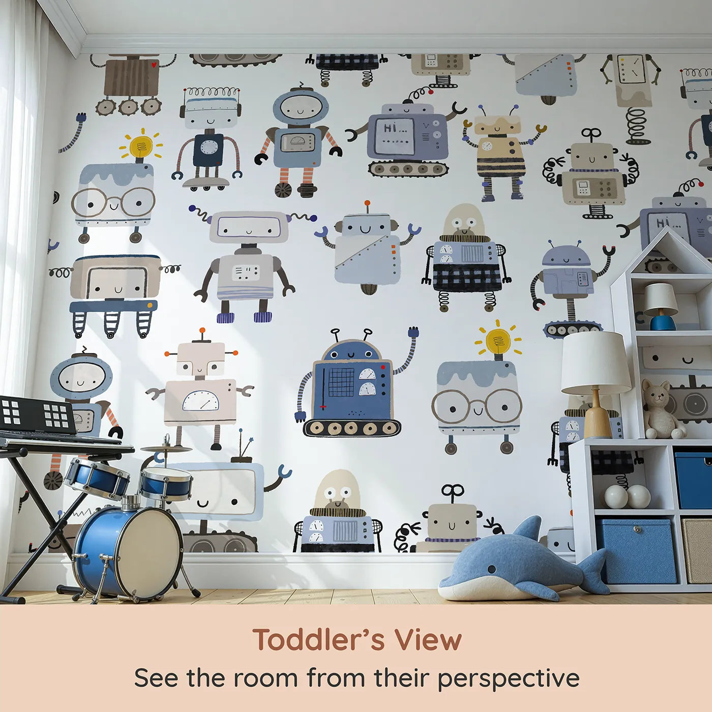 Whimsy Tots Robot Friends Wall Mural (Turn Their Room into a High-Tech Playground) from your child's view.Gender-Neutral