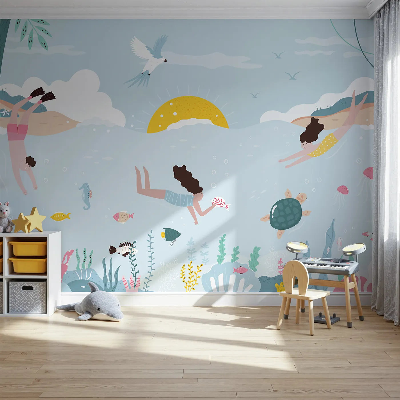 Front view of Whimsy Tots' Summer Swim Wall Mural