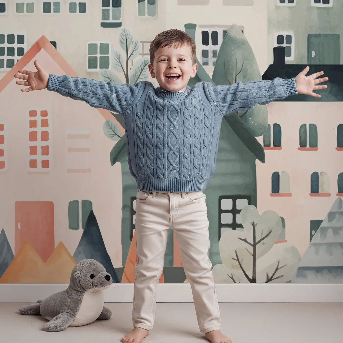 Child in front of Whimsy Tots Watercolor Townhouse Wall Mural with house, town, village, watercolor, european, city, colorful, pattern in design.