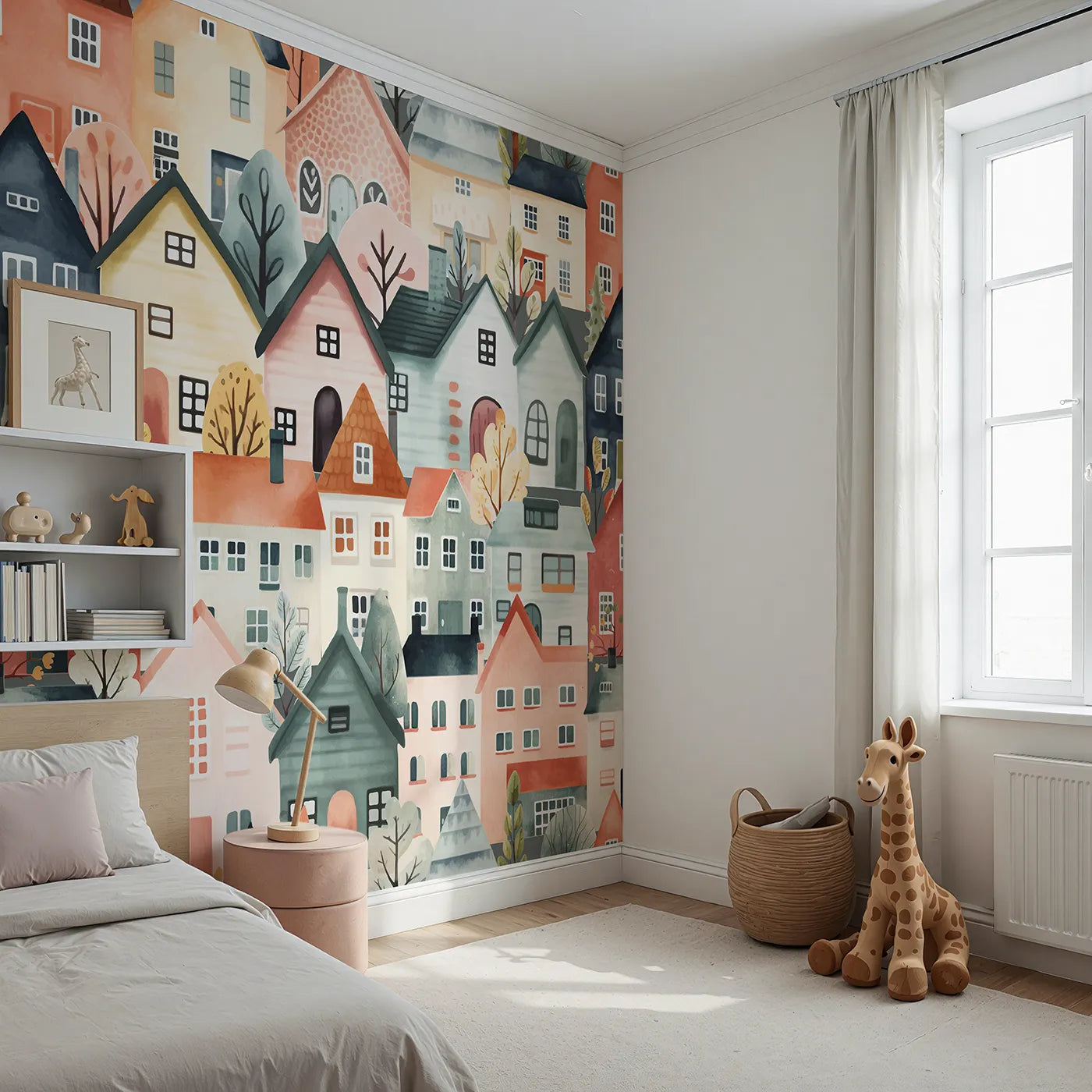 Angled view of Whimsy Tots' Watercolor Townhouse Wall Mural (Turn Their Room into a Cozy, Colorful European Village).Gender-Neutral