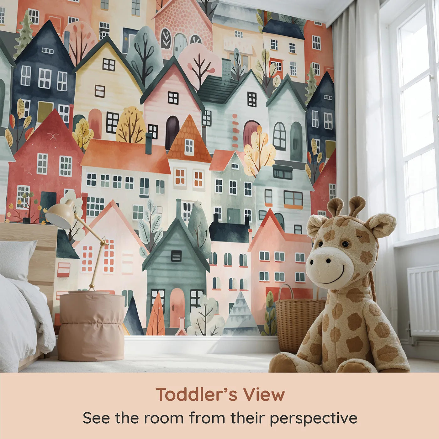 Whimsy Tots Watercolor Townhouse Wall Mural (Turn Their Room into a Cozy, Colorful European Village) from your child's view.Gender-Neutral