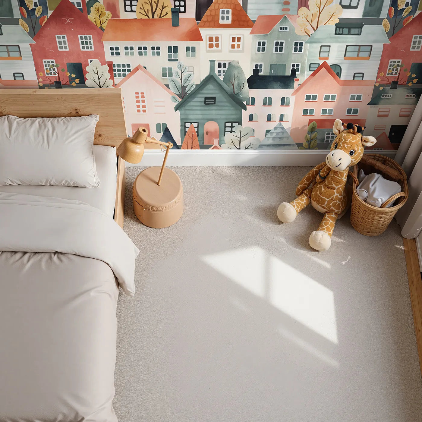 Top-down view of Whimsy Tots' Watercolor Townhouse Wall Mural (Turn Their Room into a Cozy, Colorful European Village).Gender-Neutral
