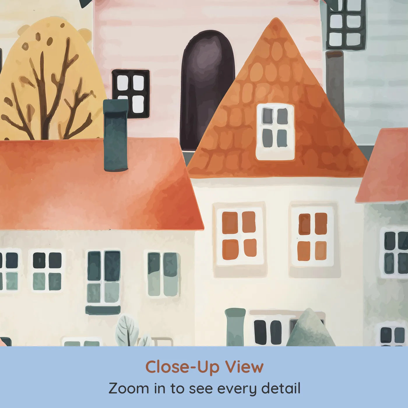 Close-up view of Whimsy Tots' Watercolor Townhouse Wall Mural (Turn Their Room into a Cozy, Colorful European Village).Gender-Neutral