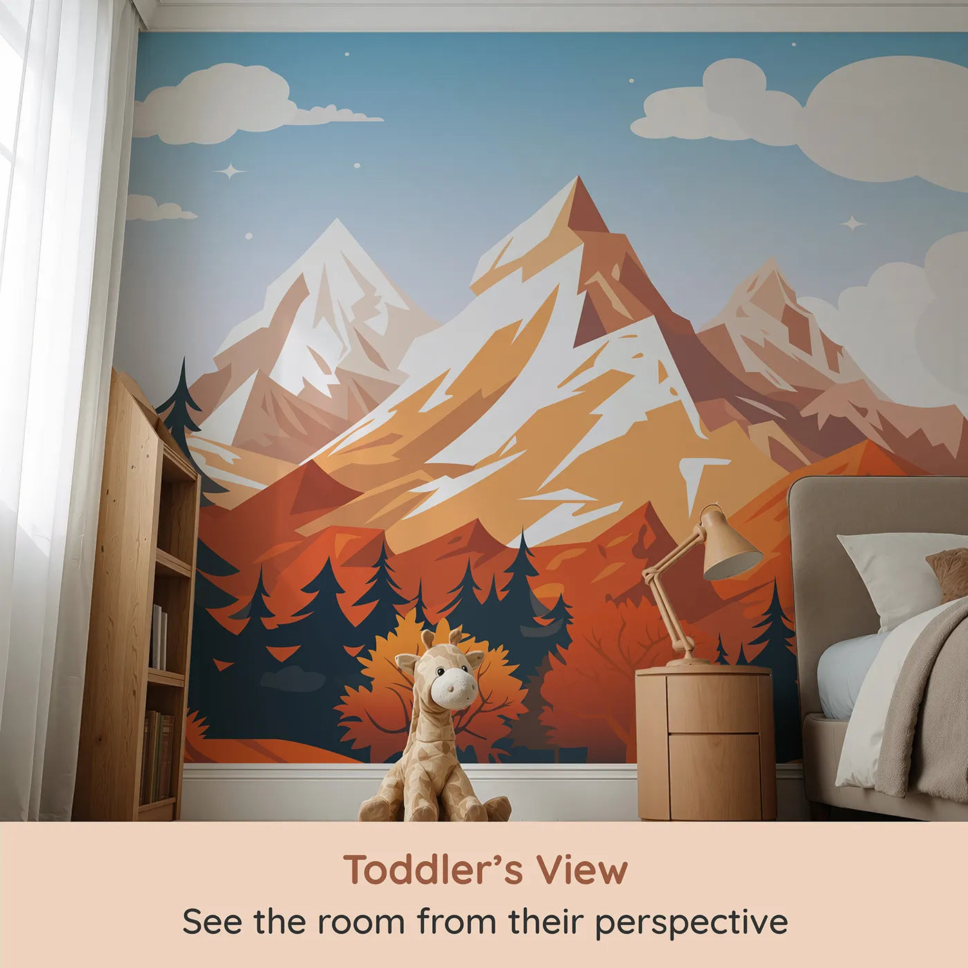 Whimsy Tots Autumn Mountain Peak Wall Mural (Turn Their Room into a Grand and Colorful Vista) from your child's view.Gender-Neutral