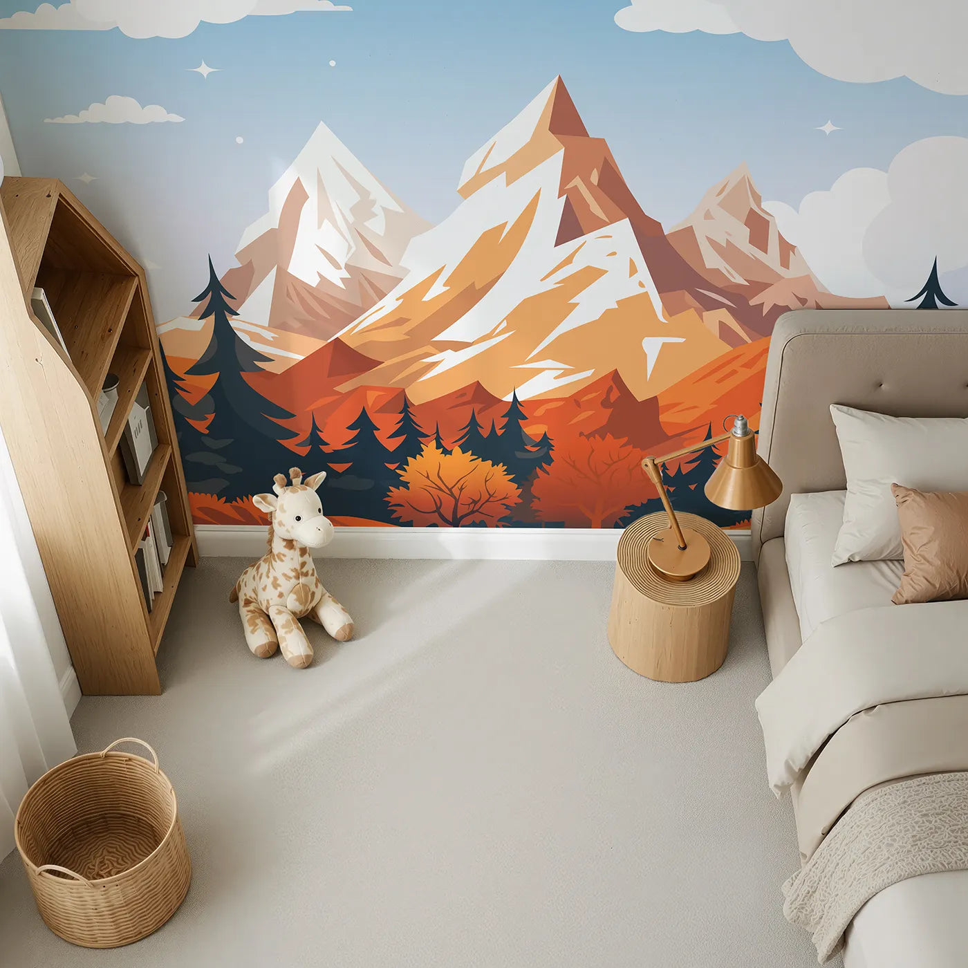 Top-down view of Whimsy Tots' Autumn Mountain Peak Wall Mural (Turn Their Room into a Grand and Colorful Vista).Gender-Neutral