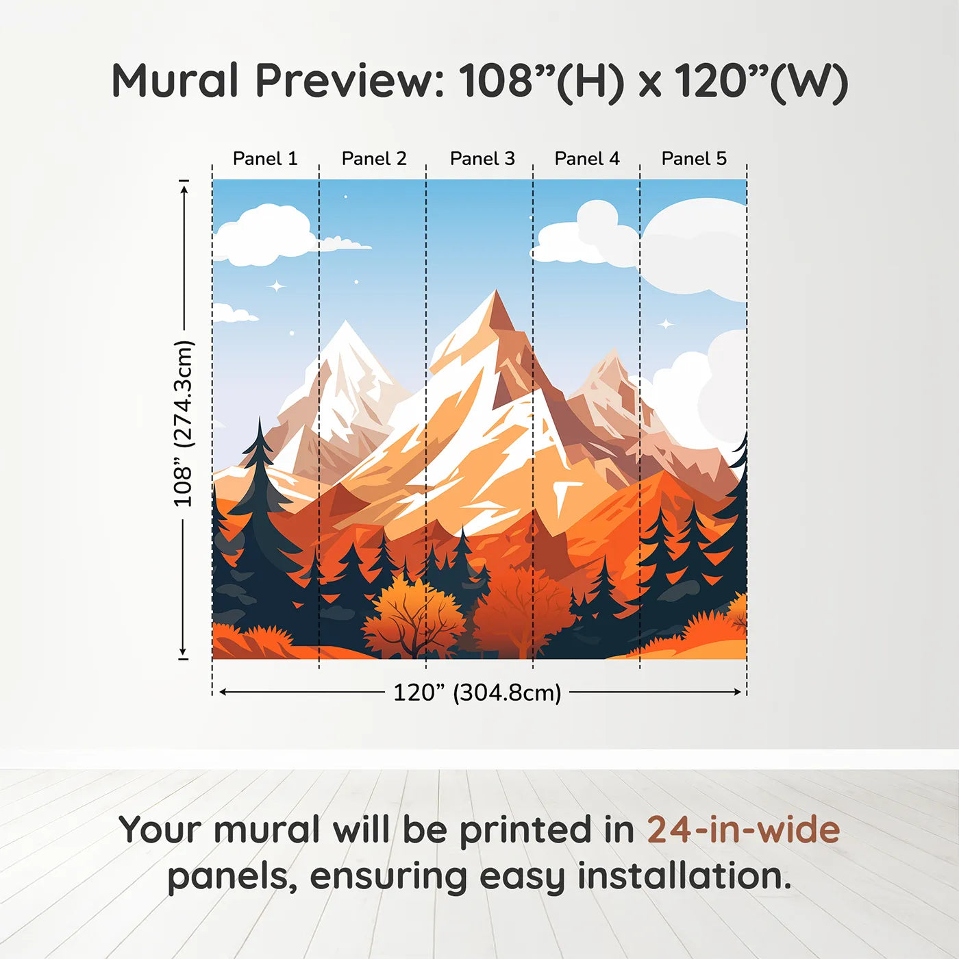 Whimsy Tots Autumn Mountain Peak Wall Muraldimension view (108" H x 120" W). Printed in five 24-inch-wide panels. Gender-Neutral
