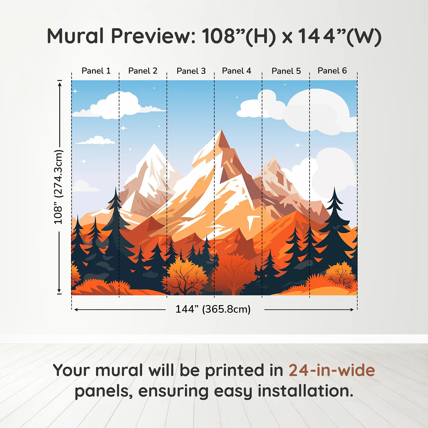 Whimsy Tots Autumn Mountain Peak Wall Muraldimension view (108" H x 144" W). Printed in six 24-inch-wide panels. Gender-Neutral